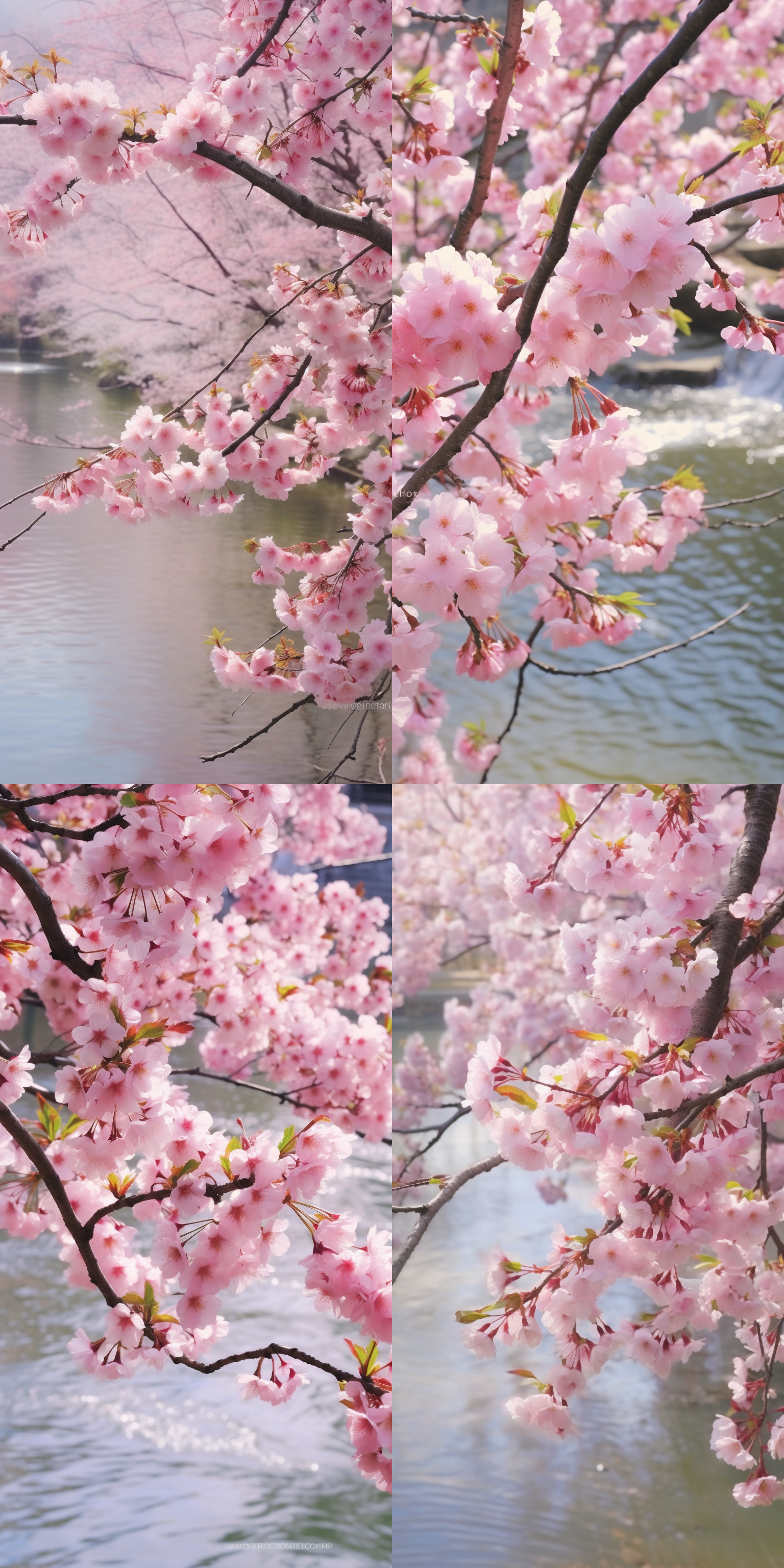 桃花树，粉色花朵，流水，宁静，细腻的细节，柔和的色调，长焦镜头，微风拂过，轻盈舞动，安详。