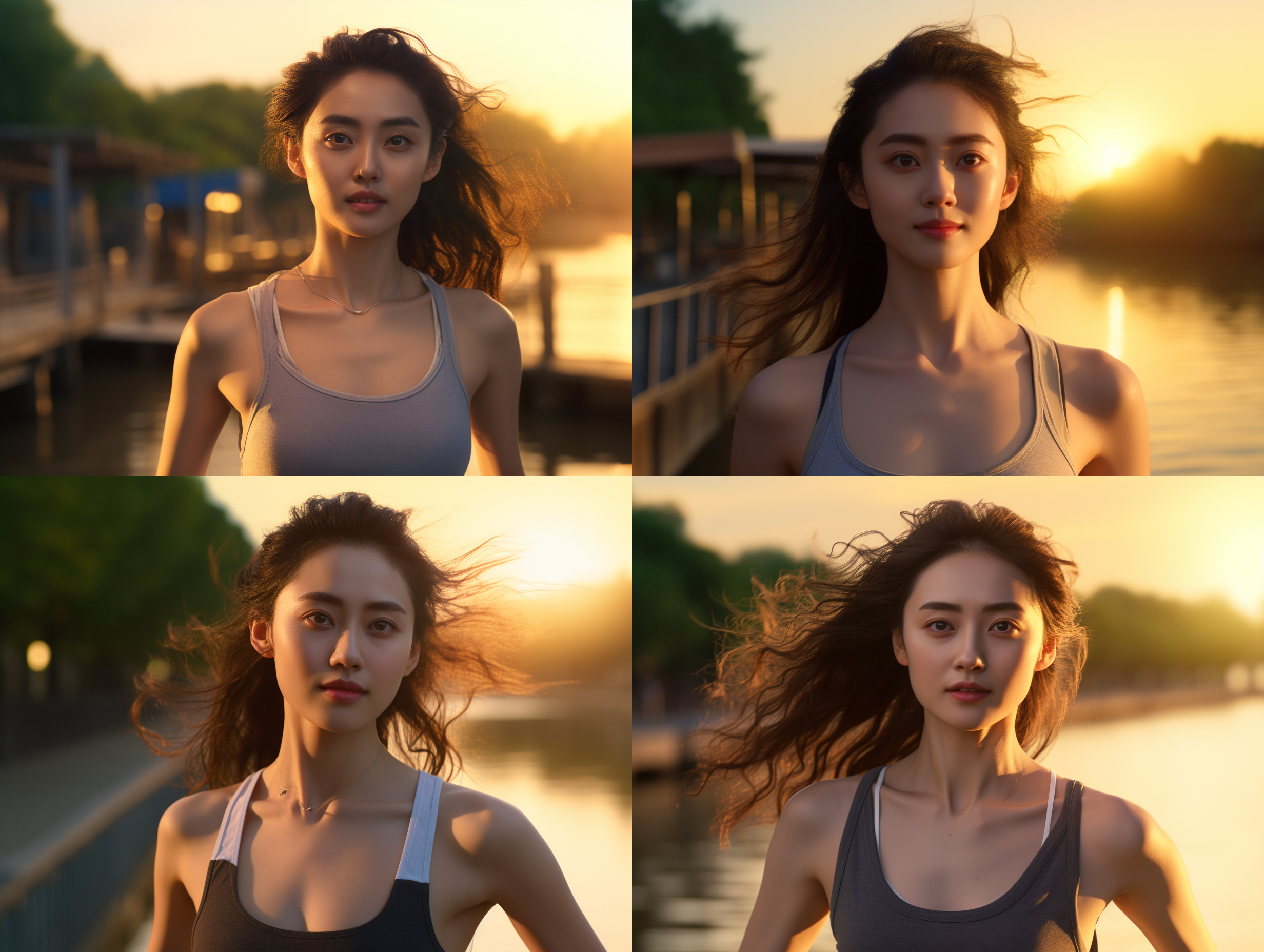 清晨，日出，阳光温暖，河边，绿树成荫，正面，跑步的中国女孩，短裙，真实感，人物表情细腻，达尔文光线，佳能摄影，20mm镜头。全高清，8k