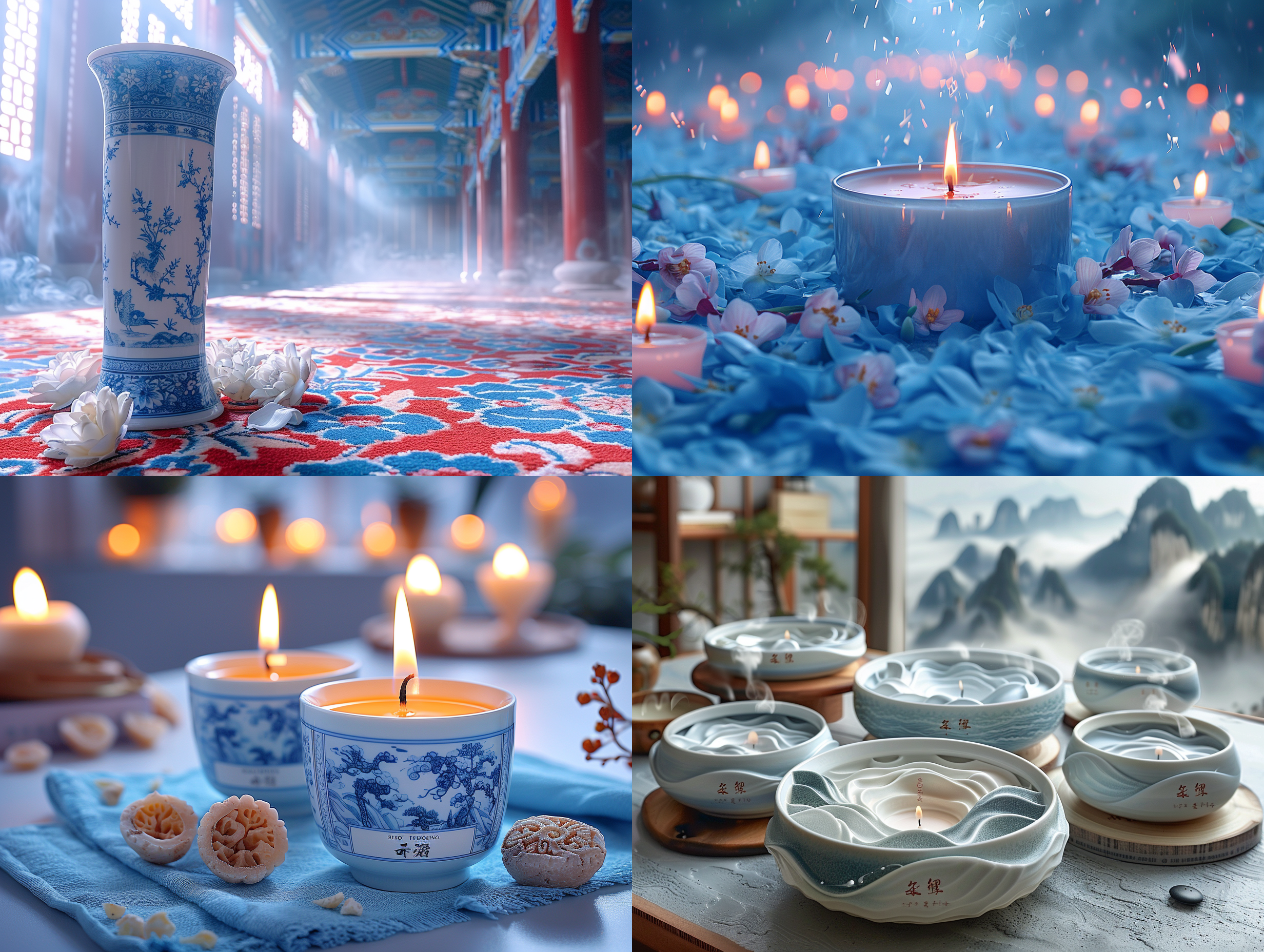 青花瓷烛台，中心构图，微距镜头，蓝白色调，梦幻效果，透光，静谧，优雅。