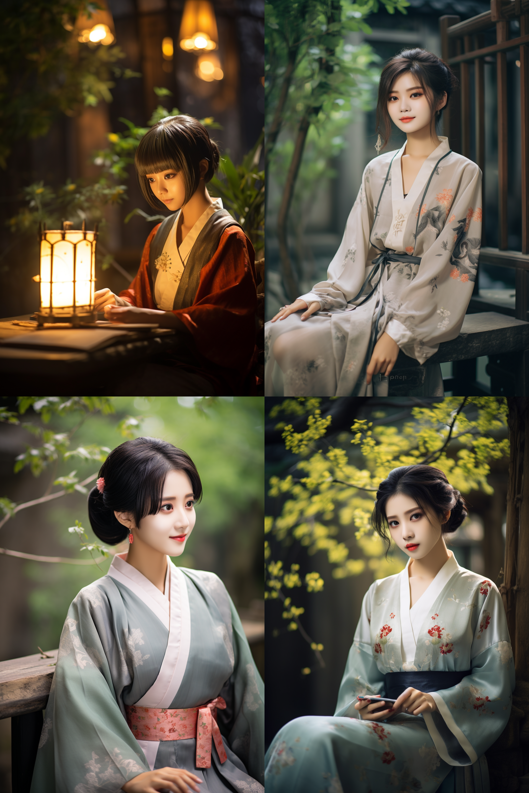 汉服短发女孩，古风园林，正襟危坐，优雅微笑，柔和光线，长焦镜头，传统色调，静谧氛围，端庄大方。