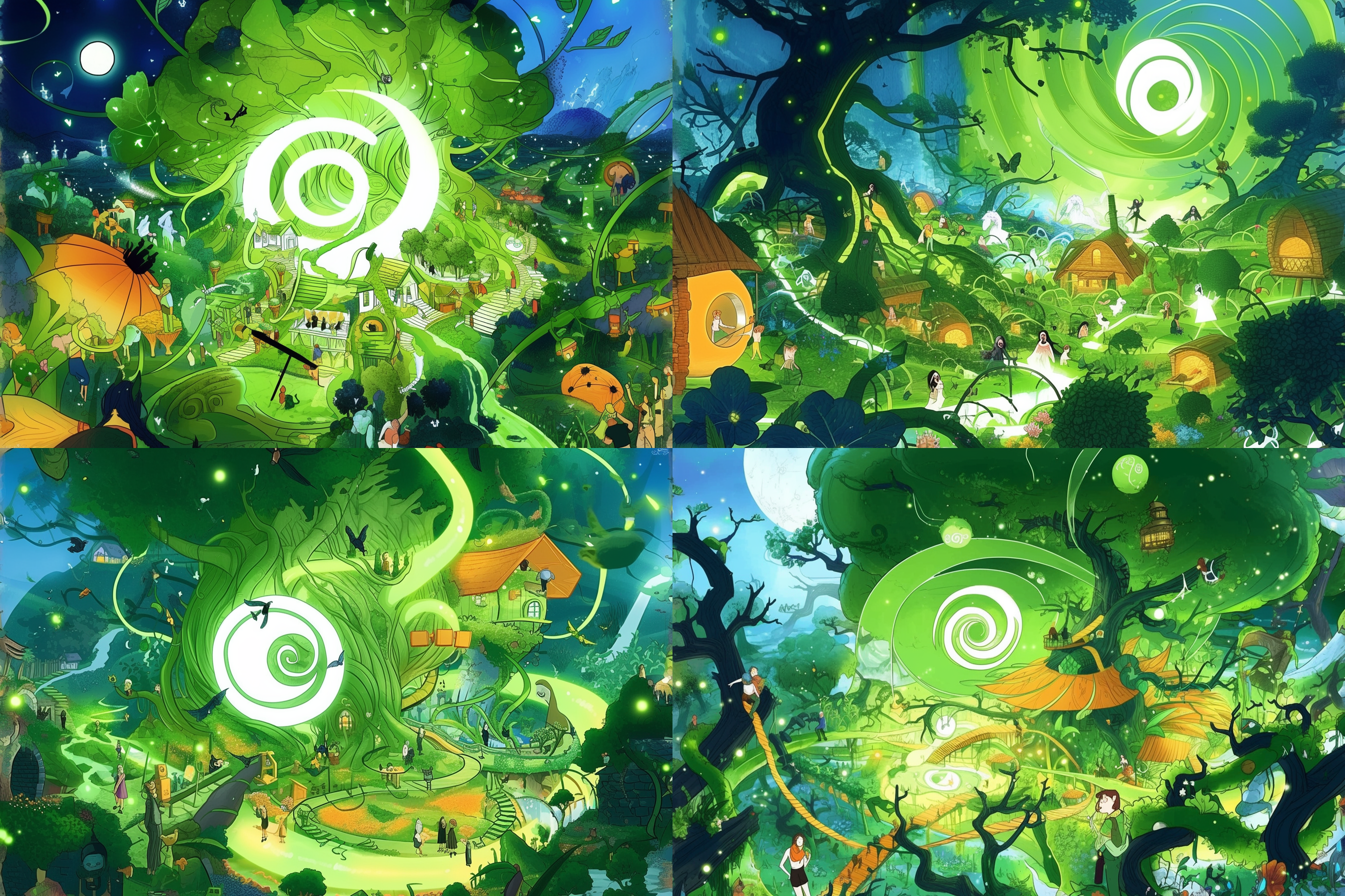 夜晚的魔幻发光森林，一座神秘的树屋被幽蓝色的荧光环绕着。这是一座萤火虫的家园，人类到萤火虫家园里探秘，神秘、奇幻、光影交错、独角兽、荧光、树屋、月亮、森林、花海、夜晚。 奇幻森林 森林 魔法花园 丁达尔效应 低角度 霓虹 奇幻森林 森林 魔法花园 丁达尔效应 低角度 霓虹 绿野仙踪