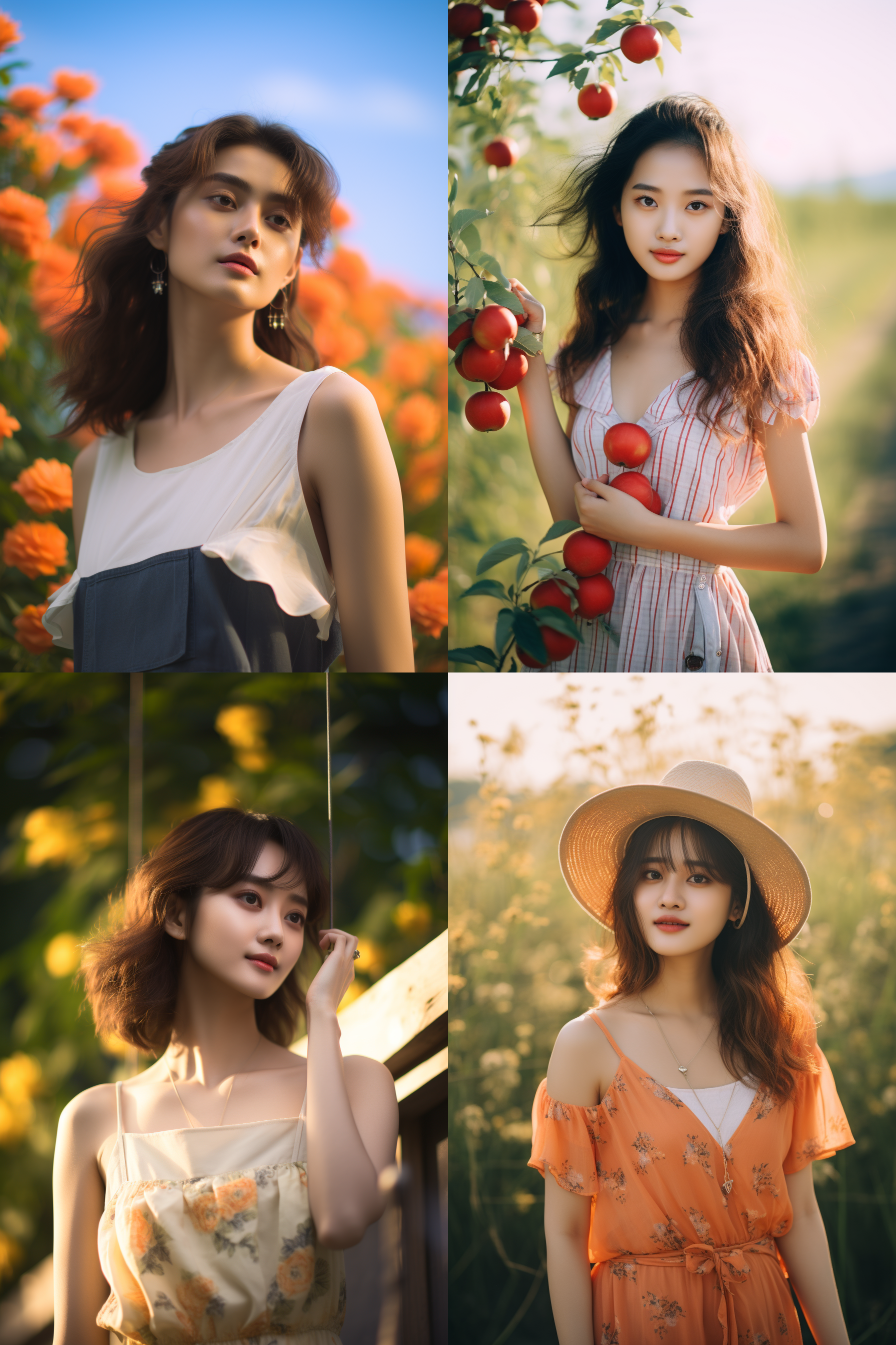 中国女孩，夏季服饰，夏日摄影，明亮光线， 清新自然，户外风景，肖像模式，中焦镜头，自然姿态，