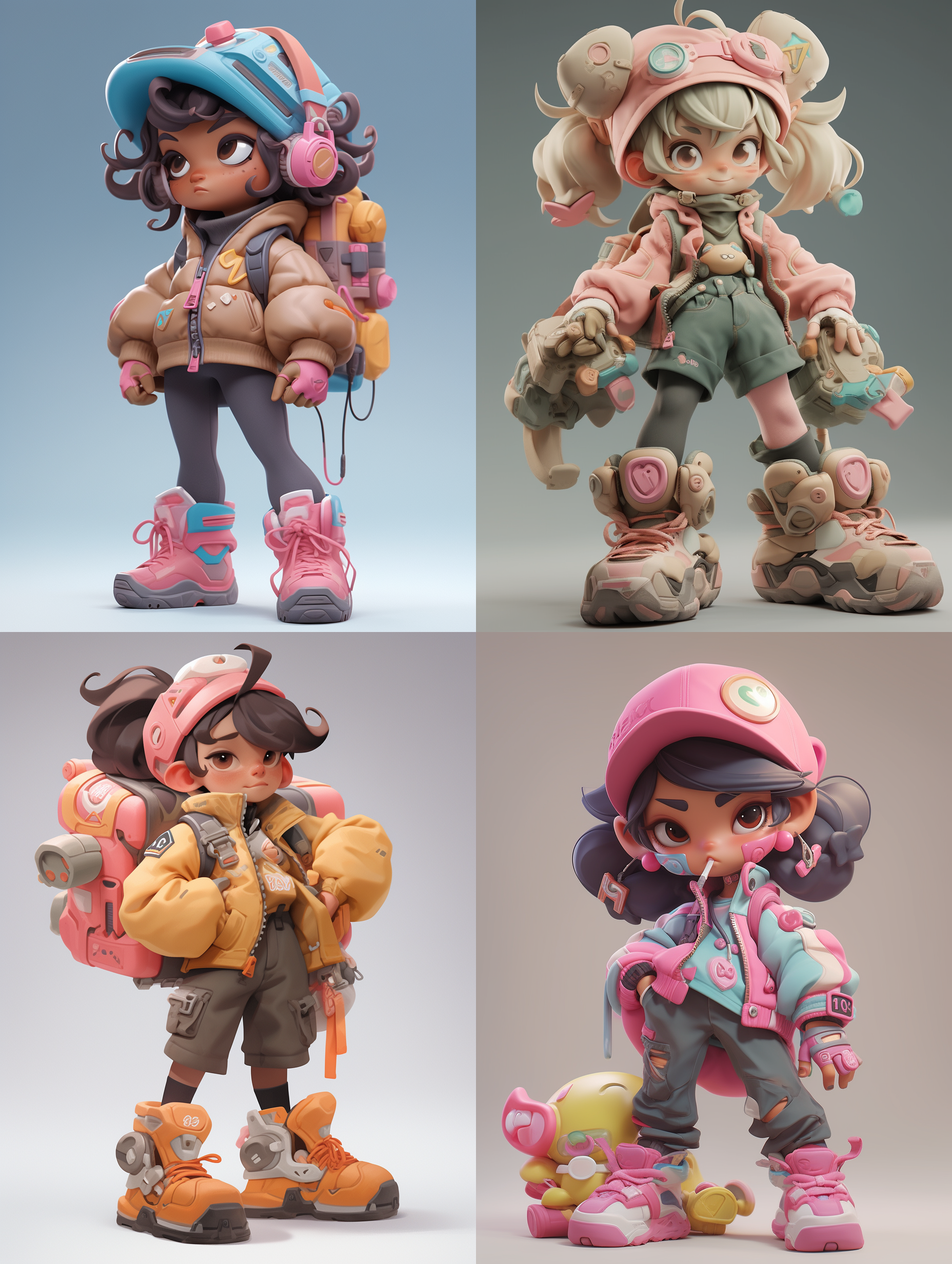3d toys, ip, cyberpunk style, cute little girl, simple background, best quality, c4d, blender, 3d models, toys, full body, looking at viewer, super details, clean background, ip by pop mart, mockup blind box, vivid colors, street style, high resolution, lots of details, pixar, candy colors, big shoes, fashion trends, art