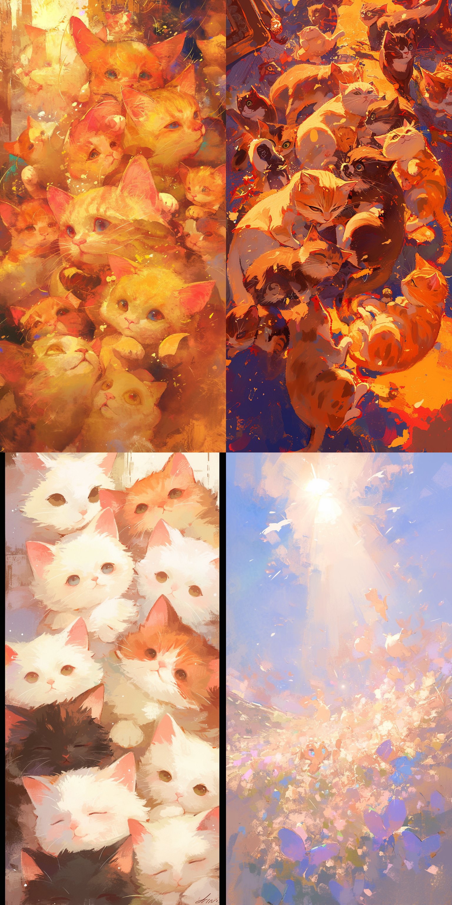 oil painting style, disney style,oil painting texture, seven cute kittens face filling the entire picture,cloce the eyes and smile, warm scene,crowded scene,ray particle, ultra hd,8k