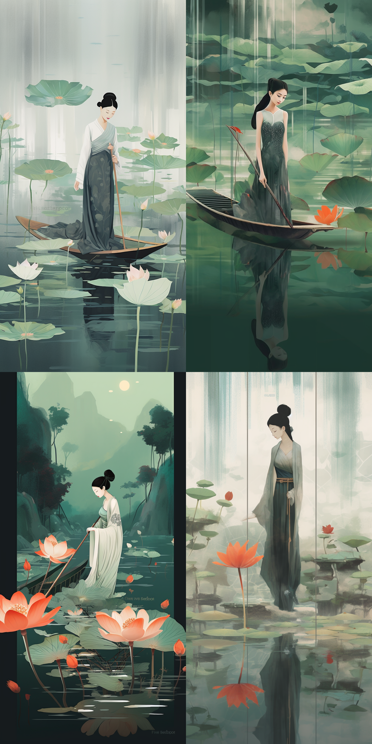 中国时尚杂志海报设计，莲花和百合包围的小船，风格仿伊科·奥贾拉，宁静氛围，轻黑色和绿色，多彩动画静帧，模糊形式，道格·海德，大气色调。船上穿着中国服饰的女性，面部表情专注自信。