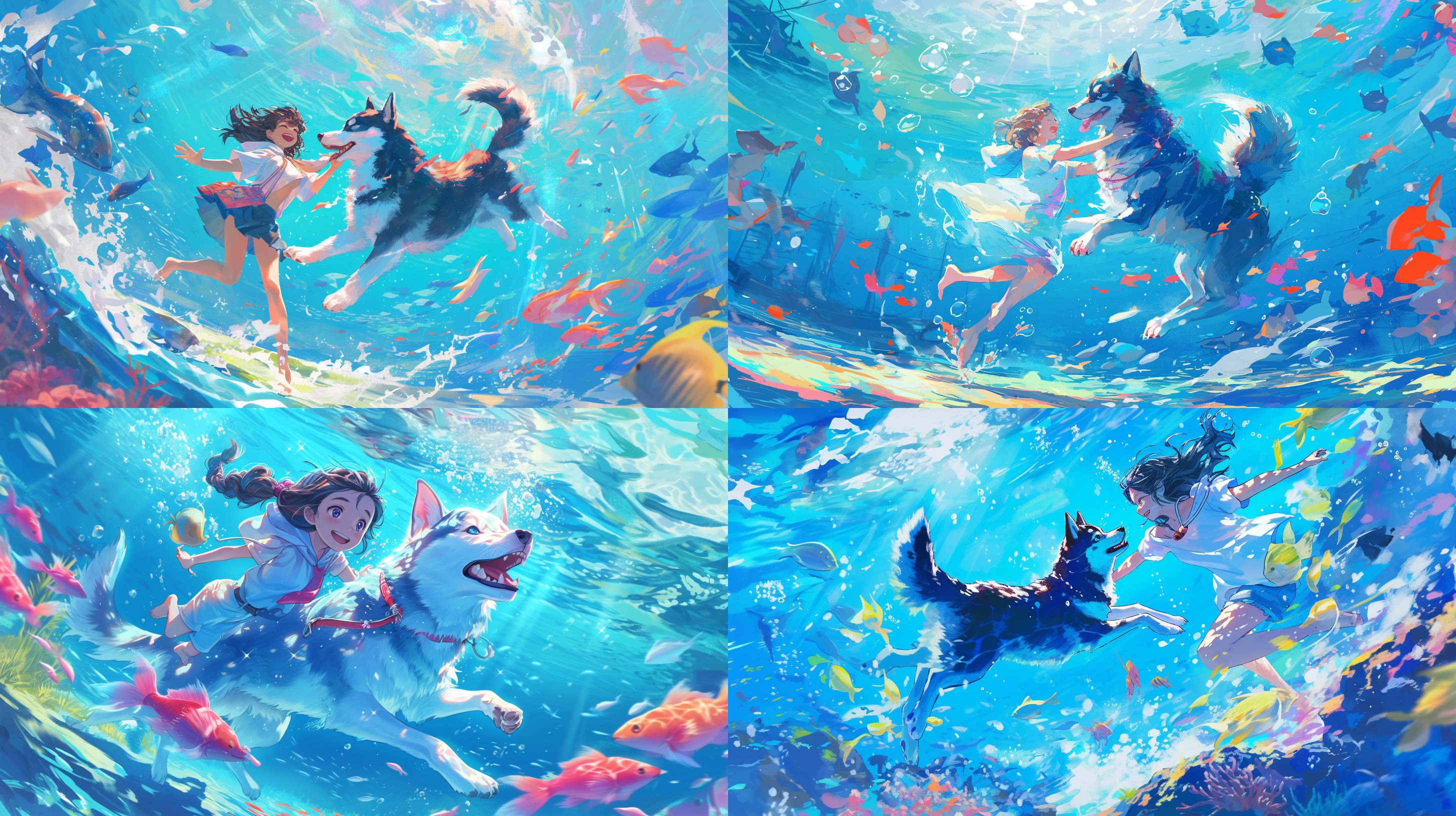 a super cute siberian husky underwater dance with a girl, clear underwater, hooded shirt, happy expression, surrounded by fish, sparkling waves, disney style,colorful, wide-angle lens, natural light, cheerful movements, cute emotions,ultra hd,8k,crazy details 油画 干净背景 全身 正视 米色 纤维素 天野喜孝 油画 干净背景 全身 正视 米色 纤维素 天野喜孝