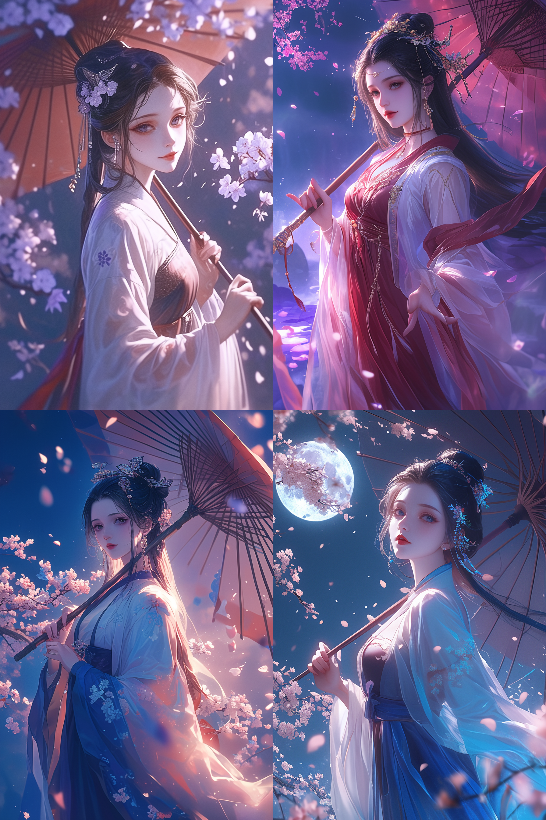 汉服，女孩，夜晚，古风，拿着伞，漂亮，美人，月光下，樱花下，半身照，超高清，4k