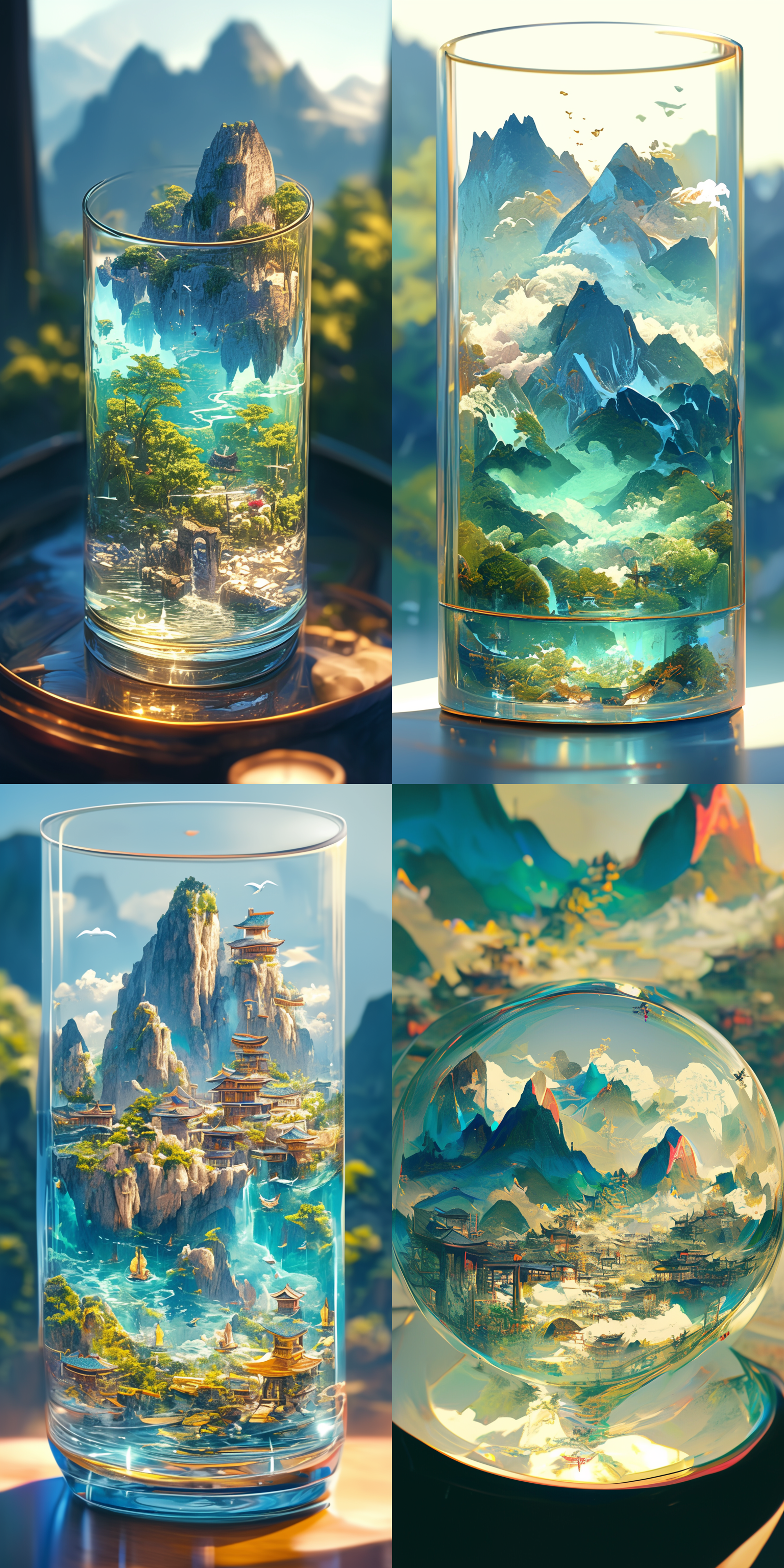 miniature landscape, chinese landscape, in a glass, 3d stereo effect of the mountain, blue and green color scheme, gold lines, natural light, panoramic composition, blurred foreground, ultra hd,8k