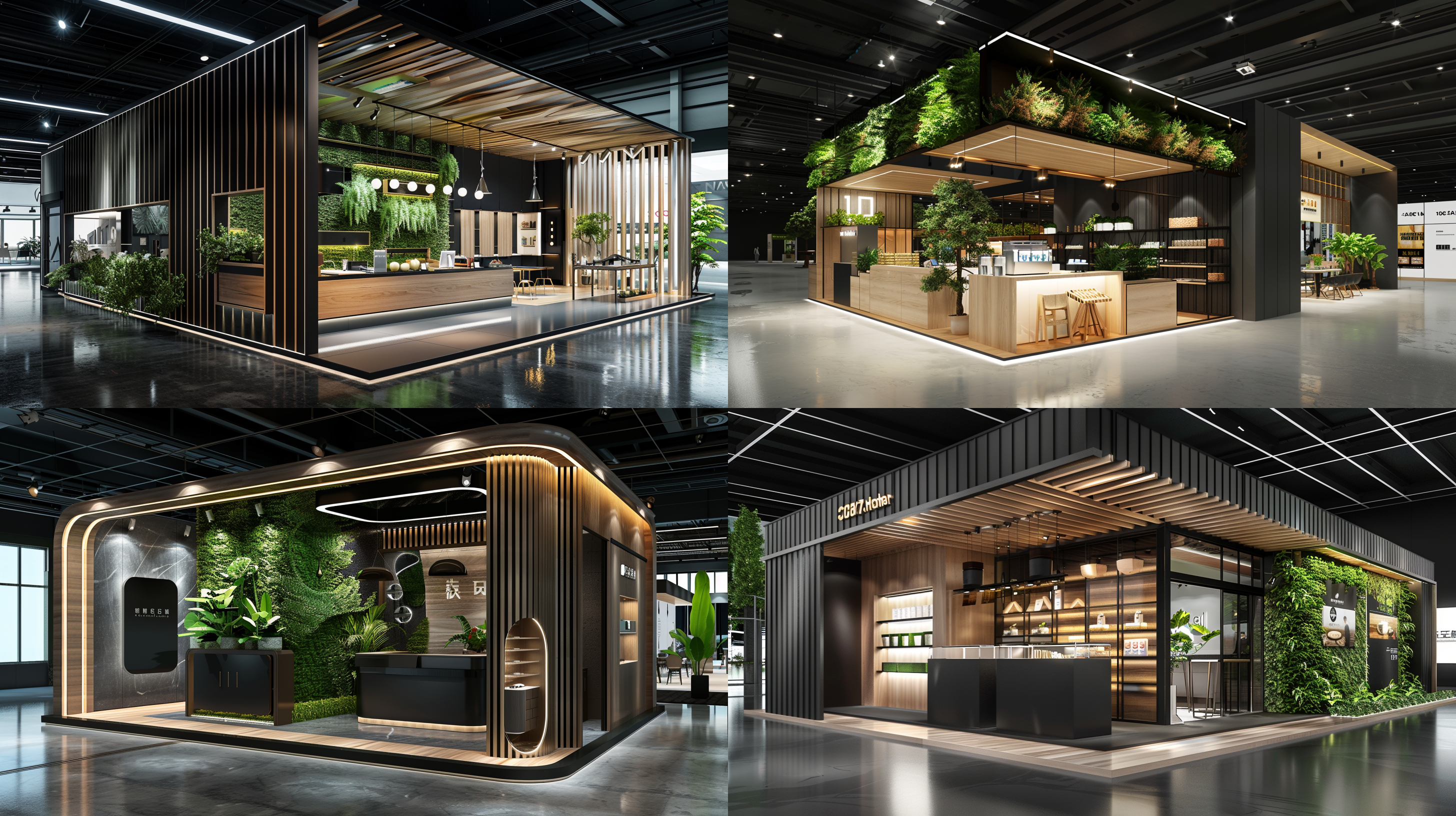 展台效果图，高大上轻奢效果，清爽风格，产品展示，黑白色，木纹装饰，绿植墙，16k超高细节，清新氛围，高清拍摄，广角镜头，明亮照明，展示动作，细节突出，视觉冲击力。