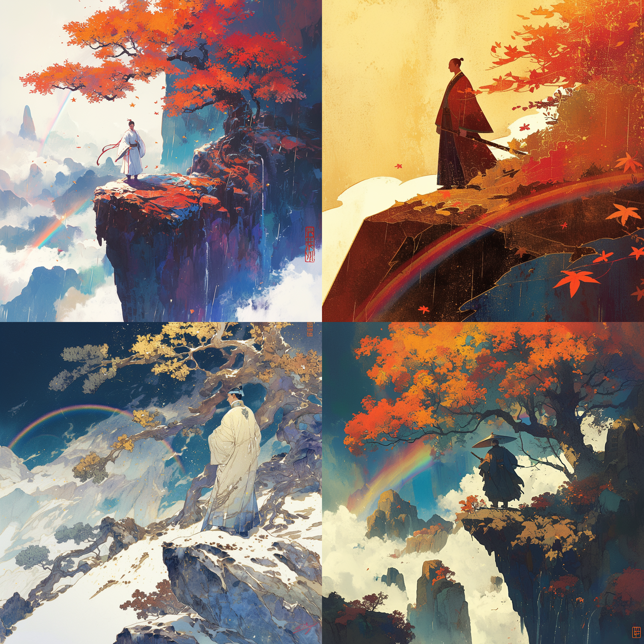 年轻男子独立于山巅，身穿传统华服，面带忧郁。他凝视着秋雨过后的残红，淡霰如风般飘散。一道长虹慢慢随风而去，映衬着他内心的顿悟。画面风格为中国风，表达着对生命的思考和空灵之感。山巅，传统华服，忧郁面容，秋残红，淡霰，长虹，顿悟，空灵。