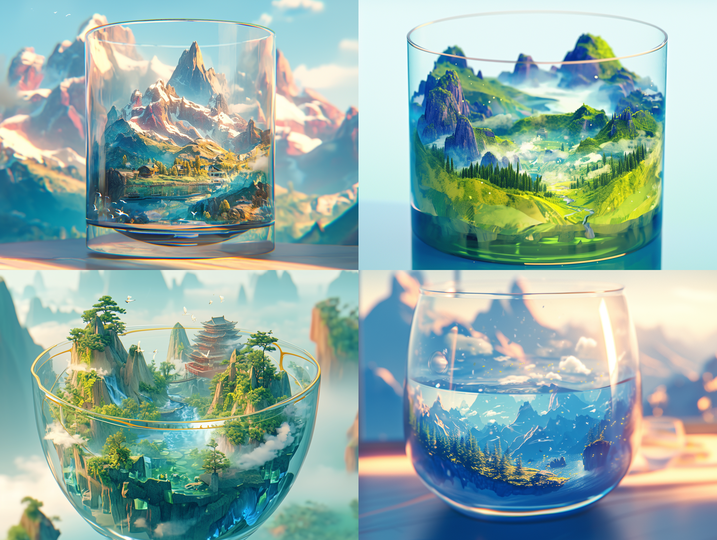 miniature landscape, chinese landscape, in a glass, 3d stereo effect of the mountain, blue and green color scheme, gold lines, natural light, panoramic composition, blurred foreground, ultra hd,8k