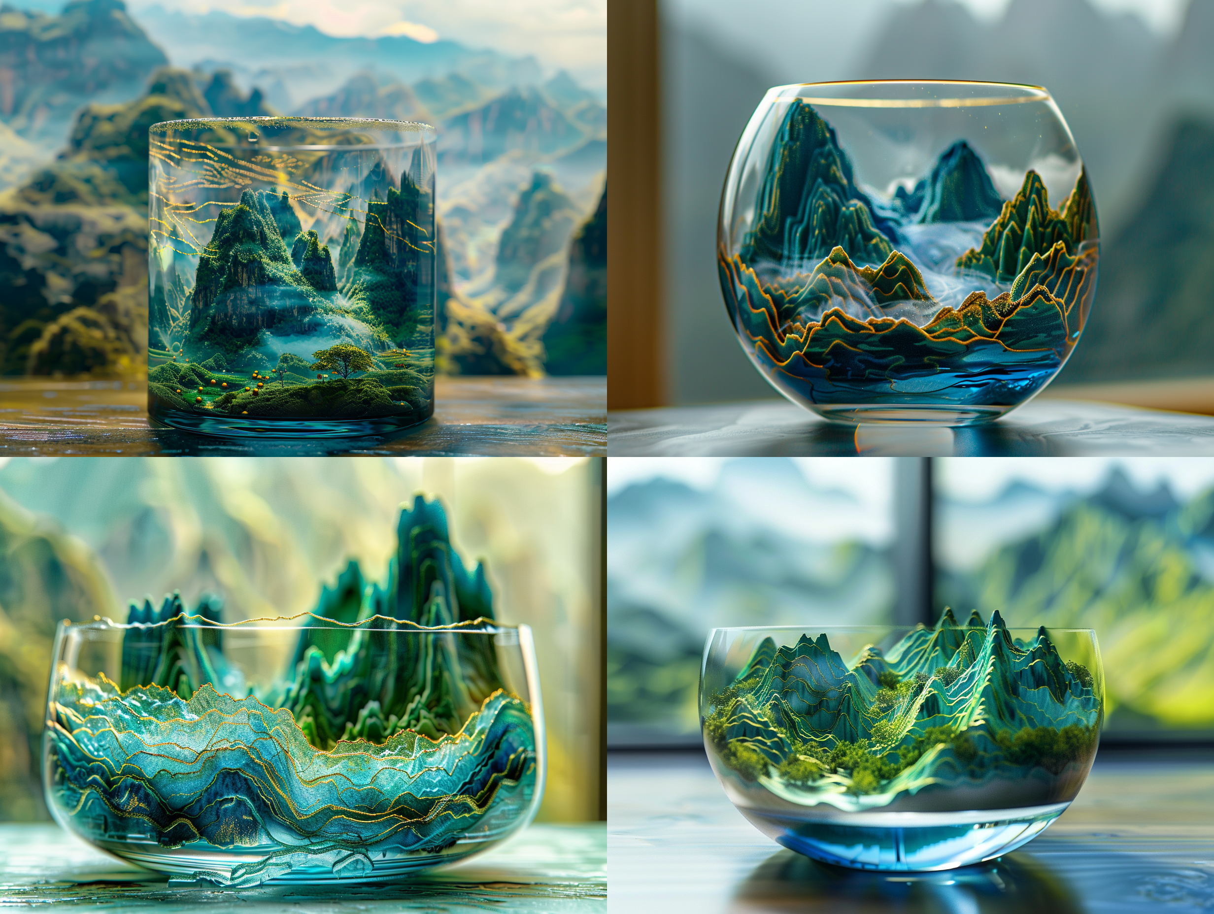 miniature landscape, chinese landscape, in a glass, 3d stereo effect of the mountain, blue and green color scheme, gold lines, natural light, panoramic composition, blurred foreground, ultra hd,8k