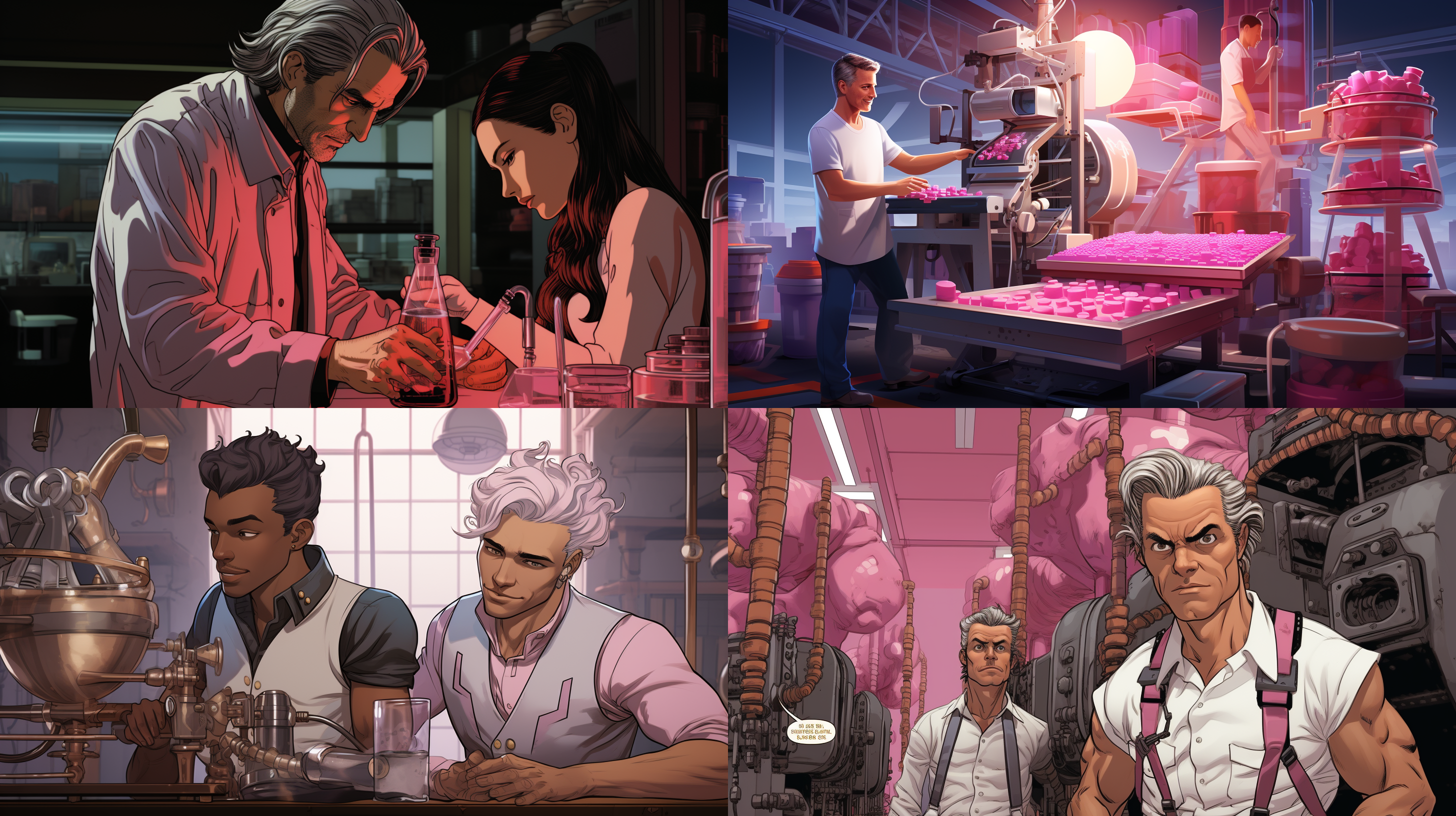 unique cartoon style scene depicted in a flat, hand-drawn style. two young men are working in a futuristic sugar factory. one has medium-length white hair and deep pink pupils, appearing somewhat weary. the other has luminous hair, embodying a radiant and sunny personality. both are handsome, charming, and cute. the comic scene has a clean, straightforward background suggesting a sci-fi ambiance, all enveloped in a friendly, warm atmosphere
