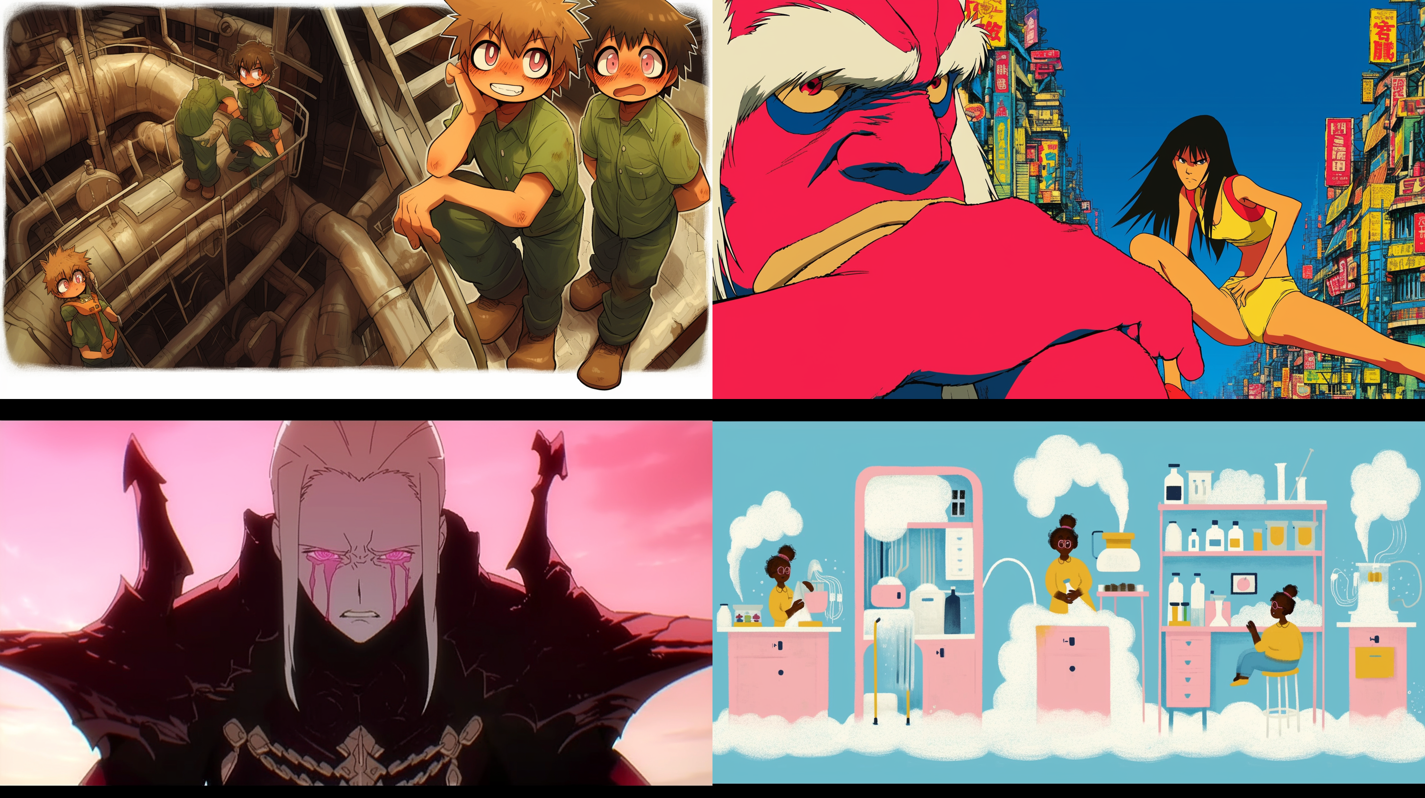 unique cartoon style scene depicted in a flat, hand-drawn style. two young men are working in a futuristic sugar factory. one has medium-length white hair and deep pink pupils, appearing somewhat weary. the other has luminous hair, embodying a radiant and sunny personality. both are handsome, charming, and cute. the comic scene has a clean, straightforward background suggesting a sci-fi ambiance, all enveloped in a friendly, warm atmosphere