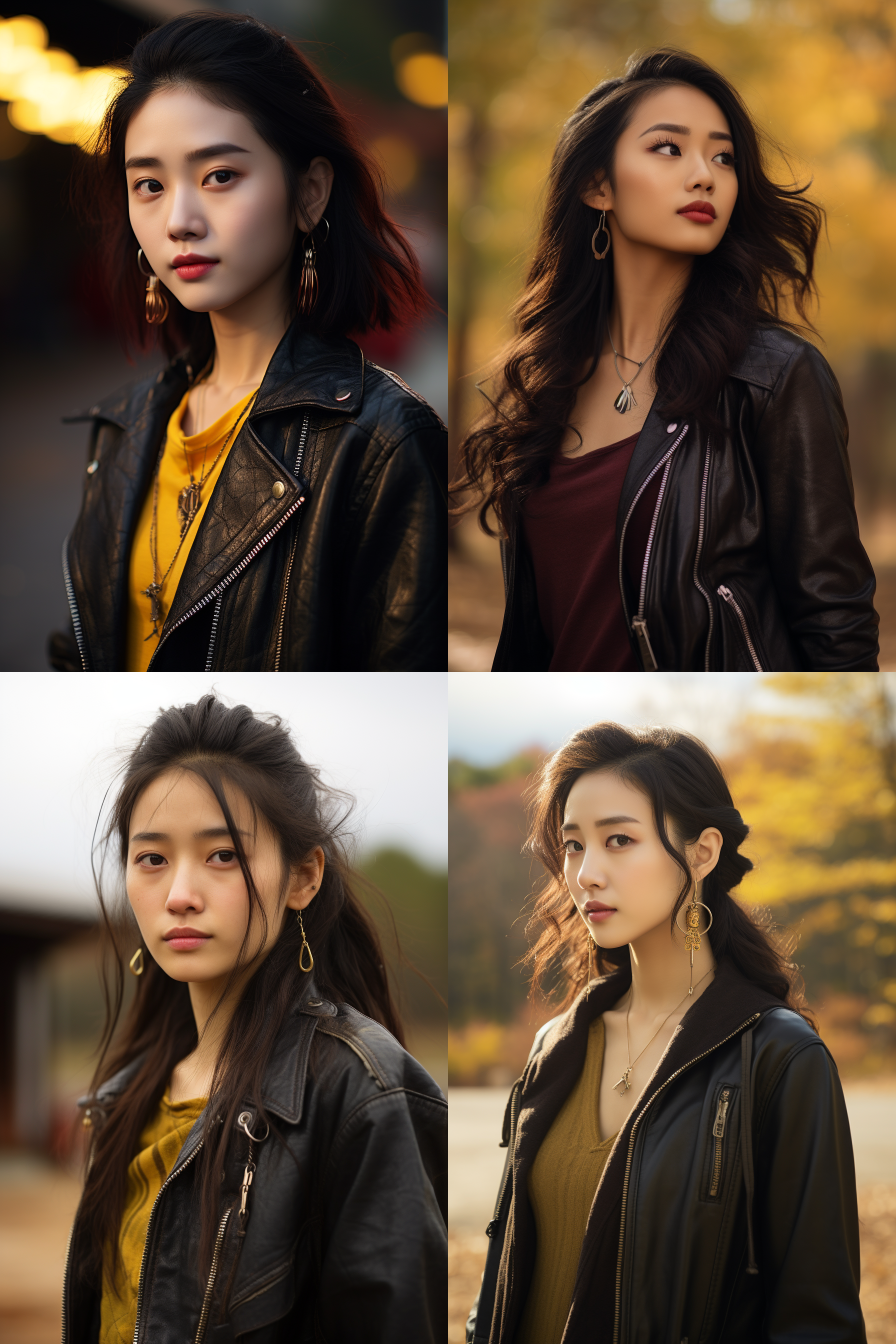 中国戴戴耳钉女孩，穿皮衣，明亮光线，摄影图 清新自然，户外风景，肖像模式，中焦镜头，自然姿态，色彩鲜艳，快门优先，放松自然