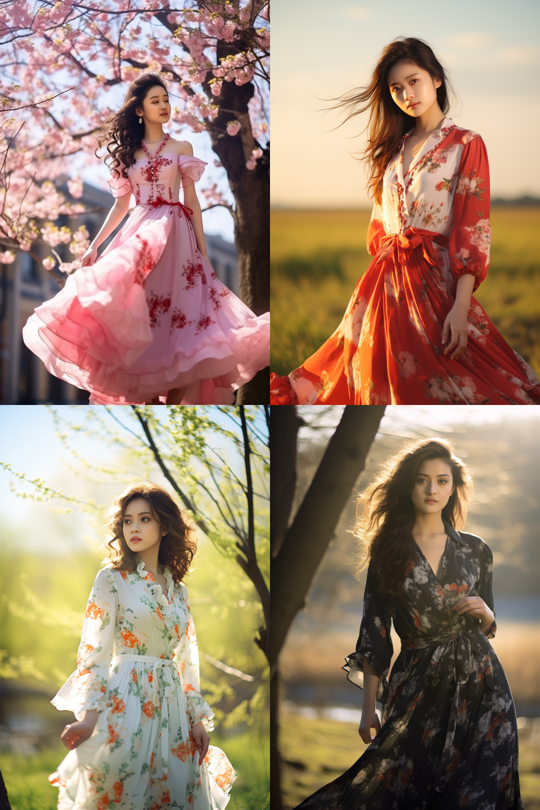 中国女孩，套裙服饰，春日摄影，明亮光线， 清新自然，户外风景，肖像模式，中焦镜头，自然姿态，