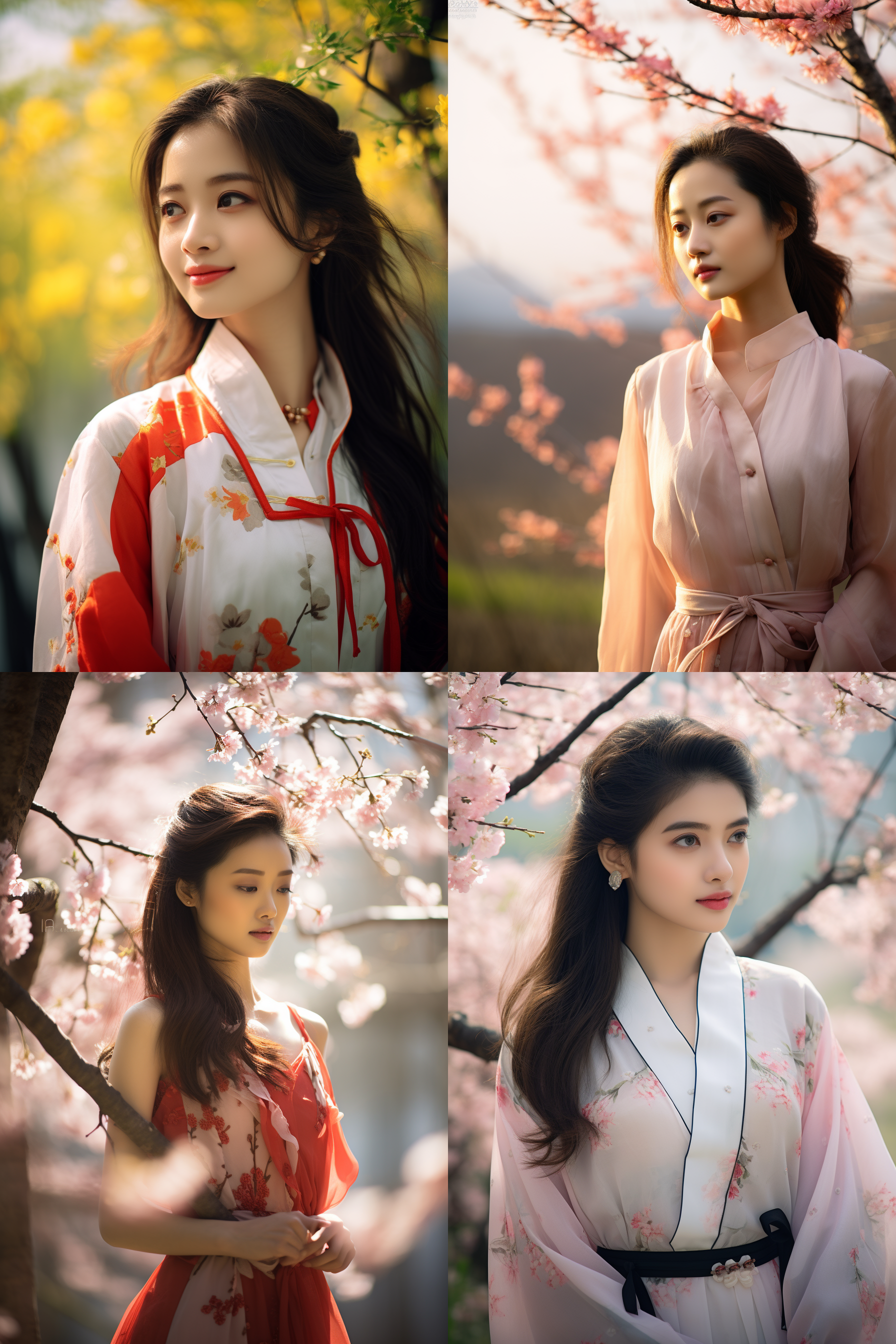 中国女孩，套裙服饰，春日摄影，明亮光线， 清新自然，户外风景，肖像模式，中焦镜头，自然姿态，