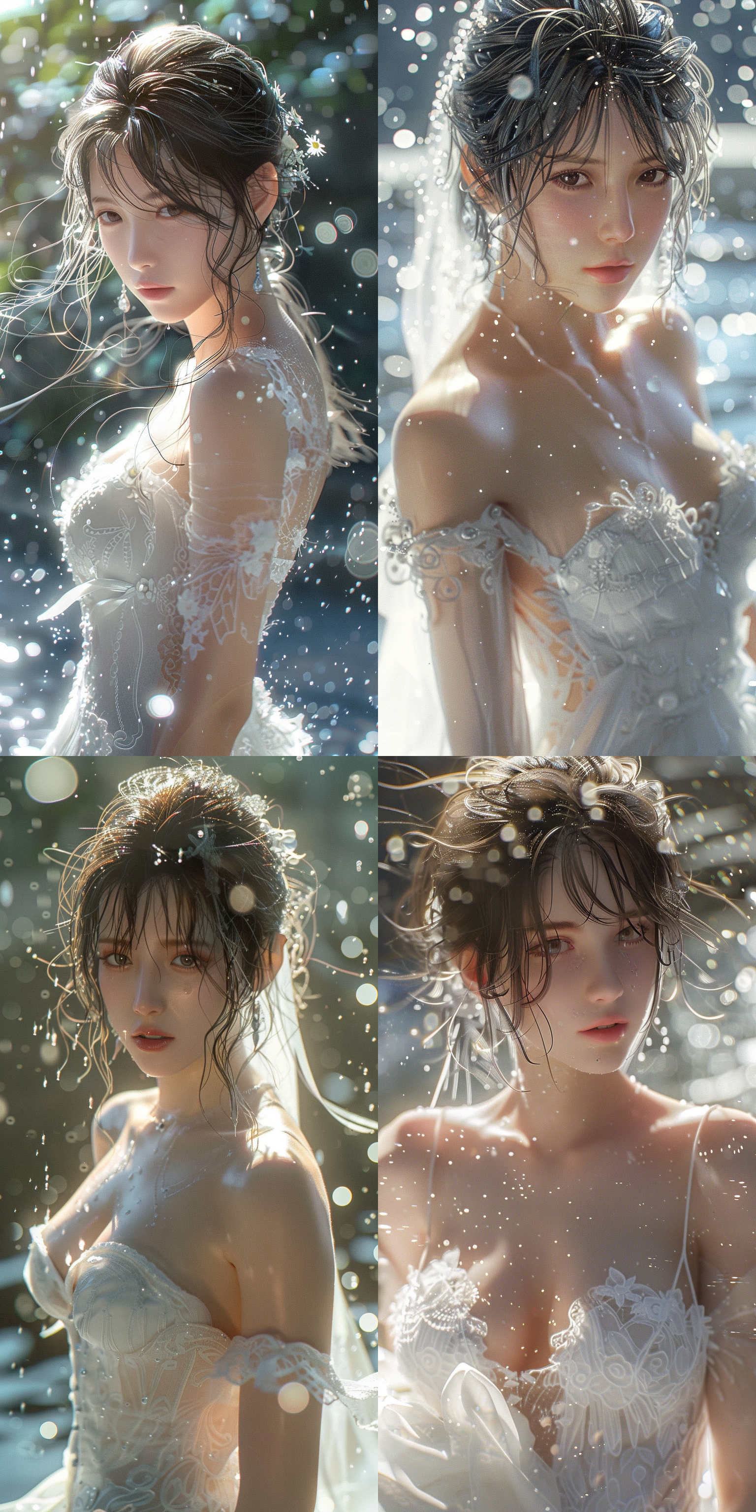mai,king of fighters,wedding photos, white wedding dress, full body, in sunny milk rain, gentle light shining on the hair, looking at the camera,8k.