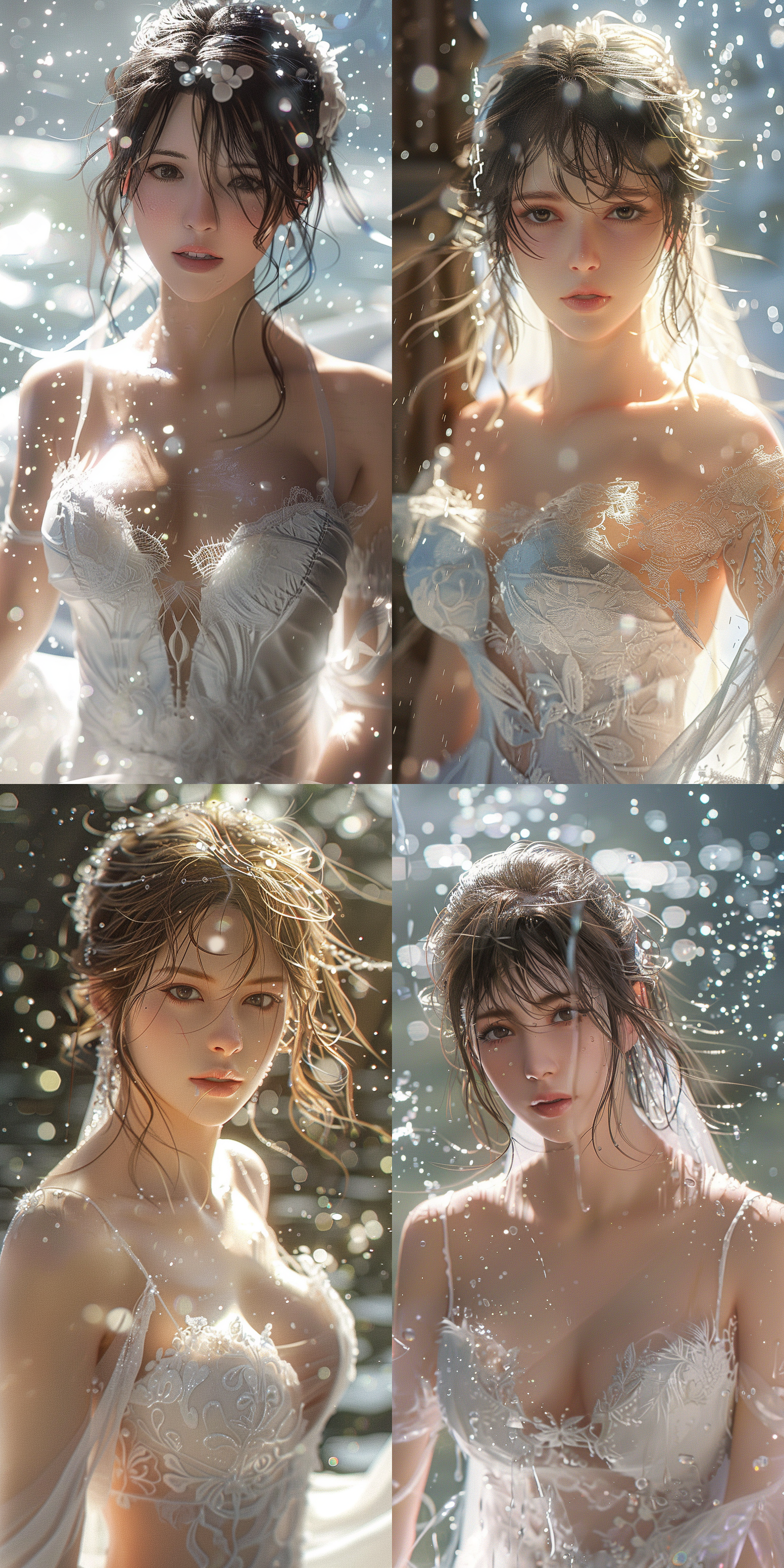 mai,king of fighters,wedding photos, white wedding dress, full body, in sunny milk rain, gentle light shining on the hair, looking at the camera,8k.