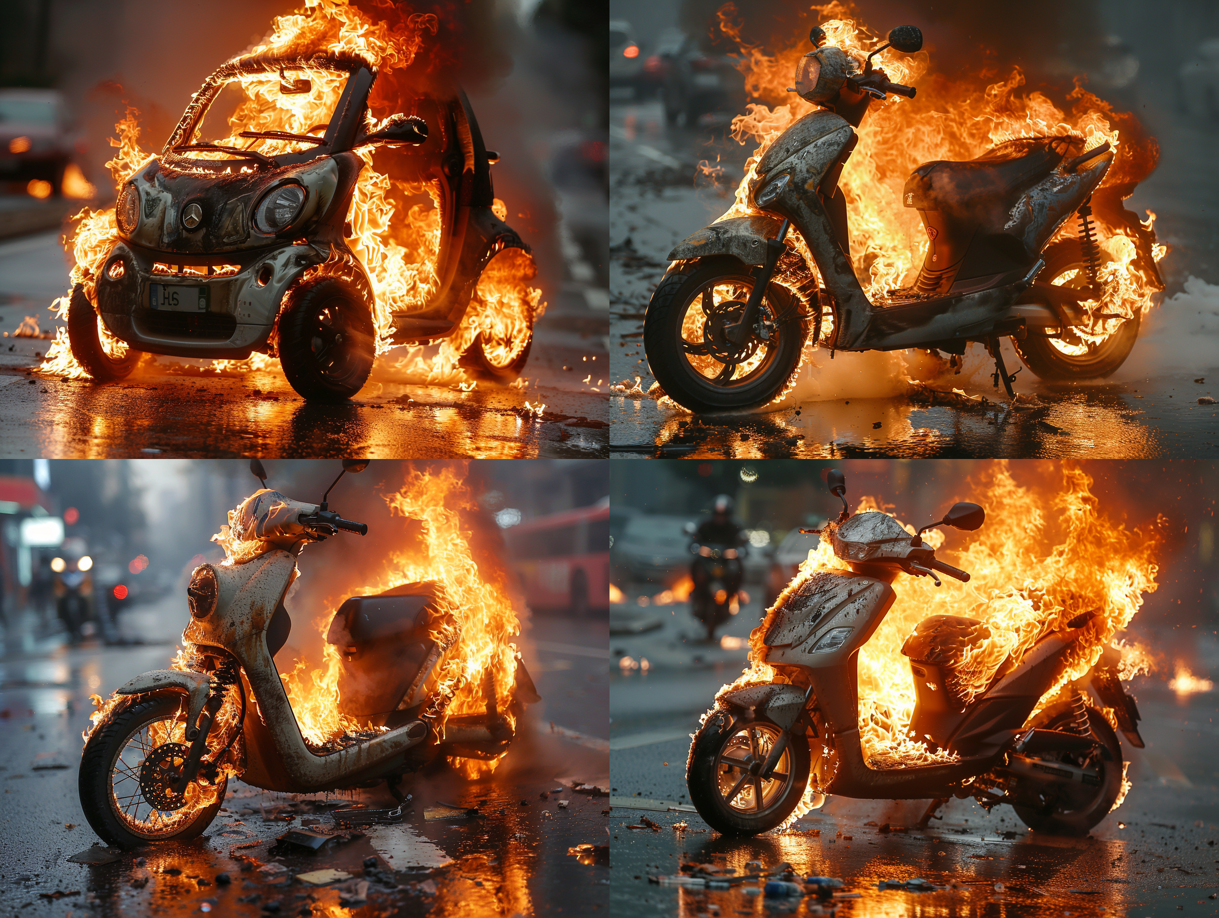 一辆2轮中国电池车燃烧，特写镜头，