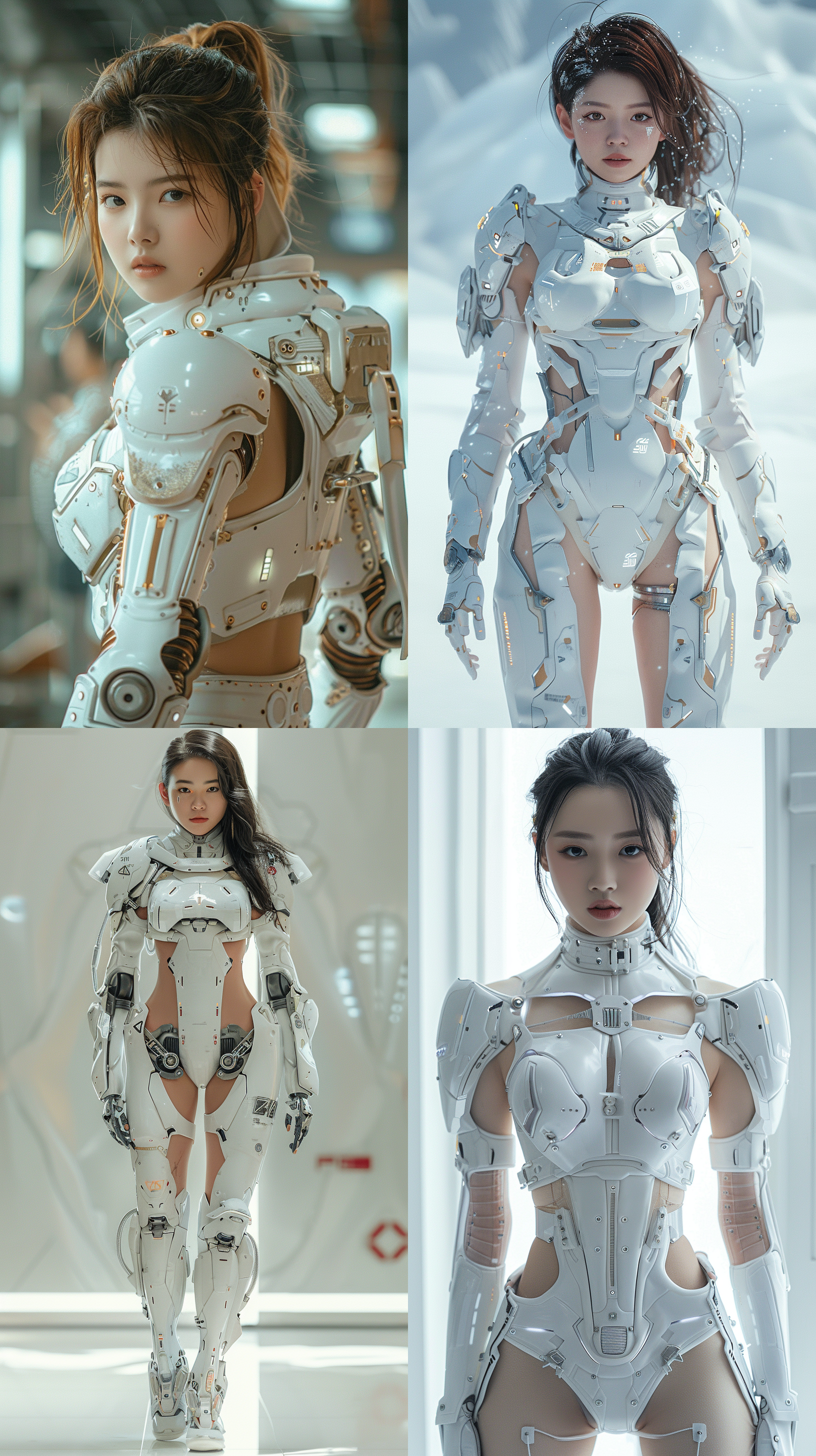 中国美女，半机械战斗盔甲，白色主题，肤白貌美，丰满，逼真的细节，短发，赛博，美丽的身体，战士，8k，全景，超高清，五官精致，漂亮的妆容，大长腿，科幻风格，强烈光影，动作凌厉，金属质感，冷色调，自信。全身照片