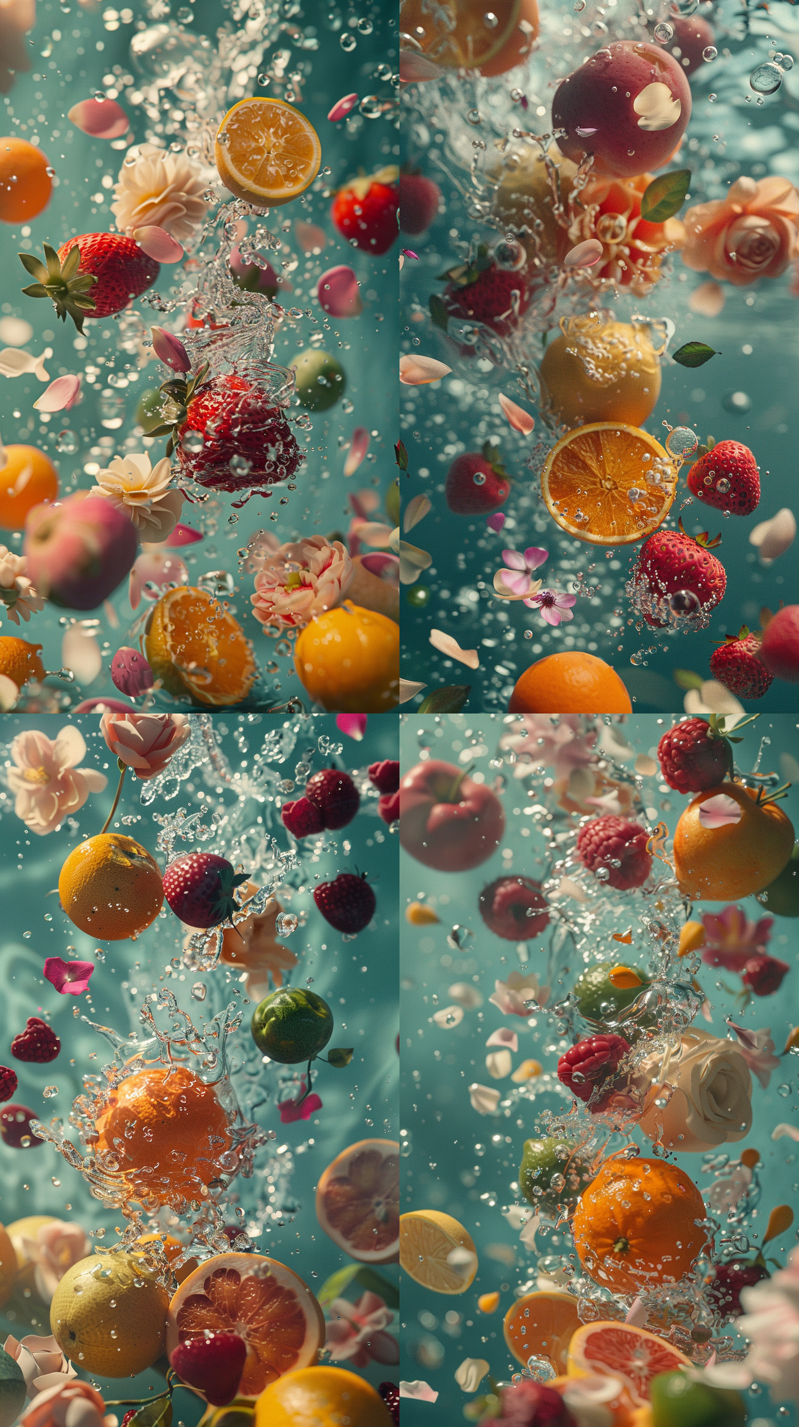 美食拍摄，超广角，各种水果，掉在水里，水花四溅，花瓣飘落，高端的合成，莱卡相机拍摄，超现实的风格，柔和的阴影，明亮的彩色背景，超精细的系列，聚焦主体，近景特写，高分辨率，3d渲染