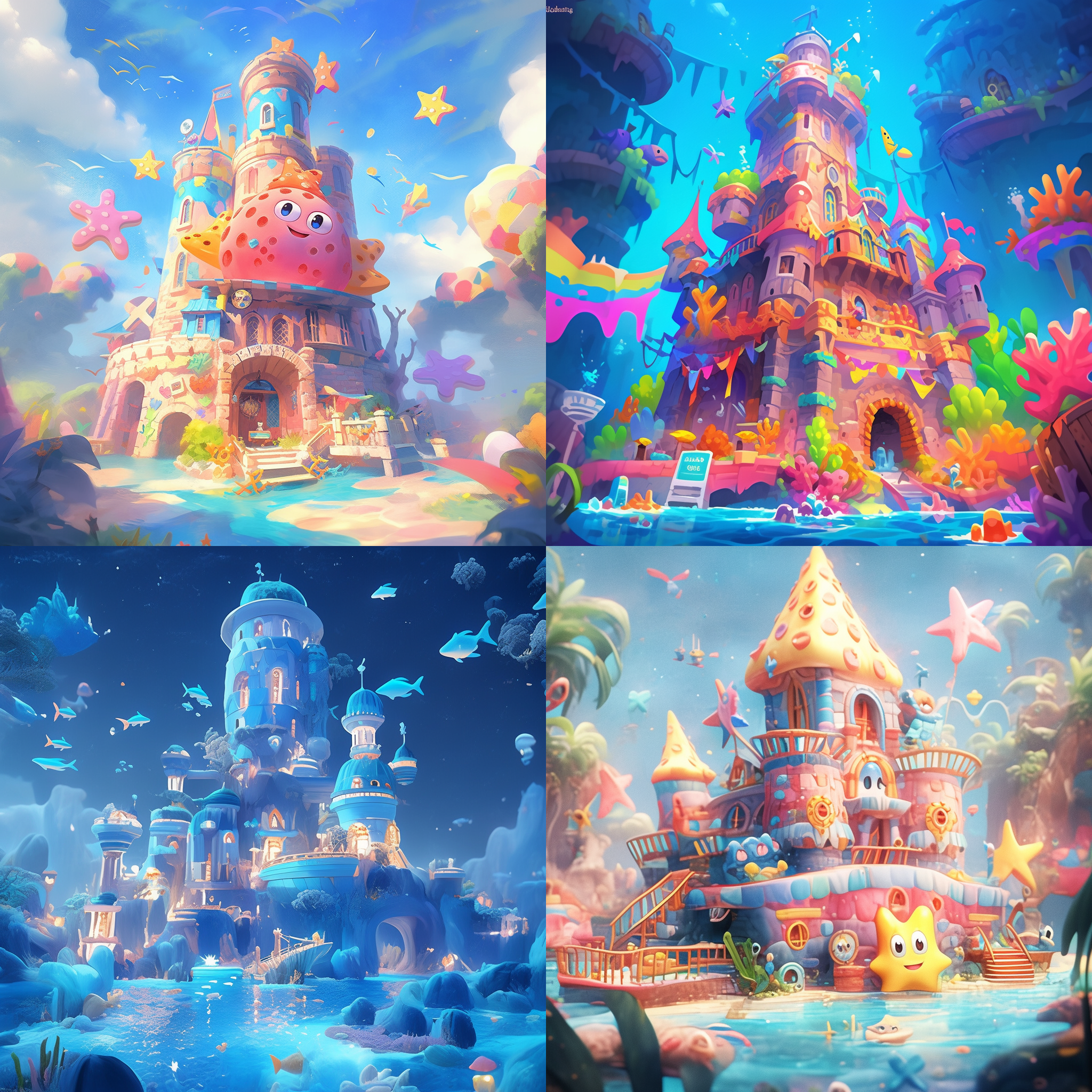 海底城堡探险，海绵宝宝和派大星，色彩鲜艳，夸张表情，欢乐氛围，广角镜头，水下环境，柔和光线，互动动作，蓝色调，喜悦。