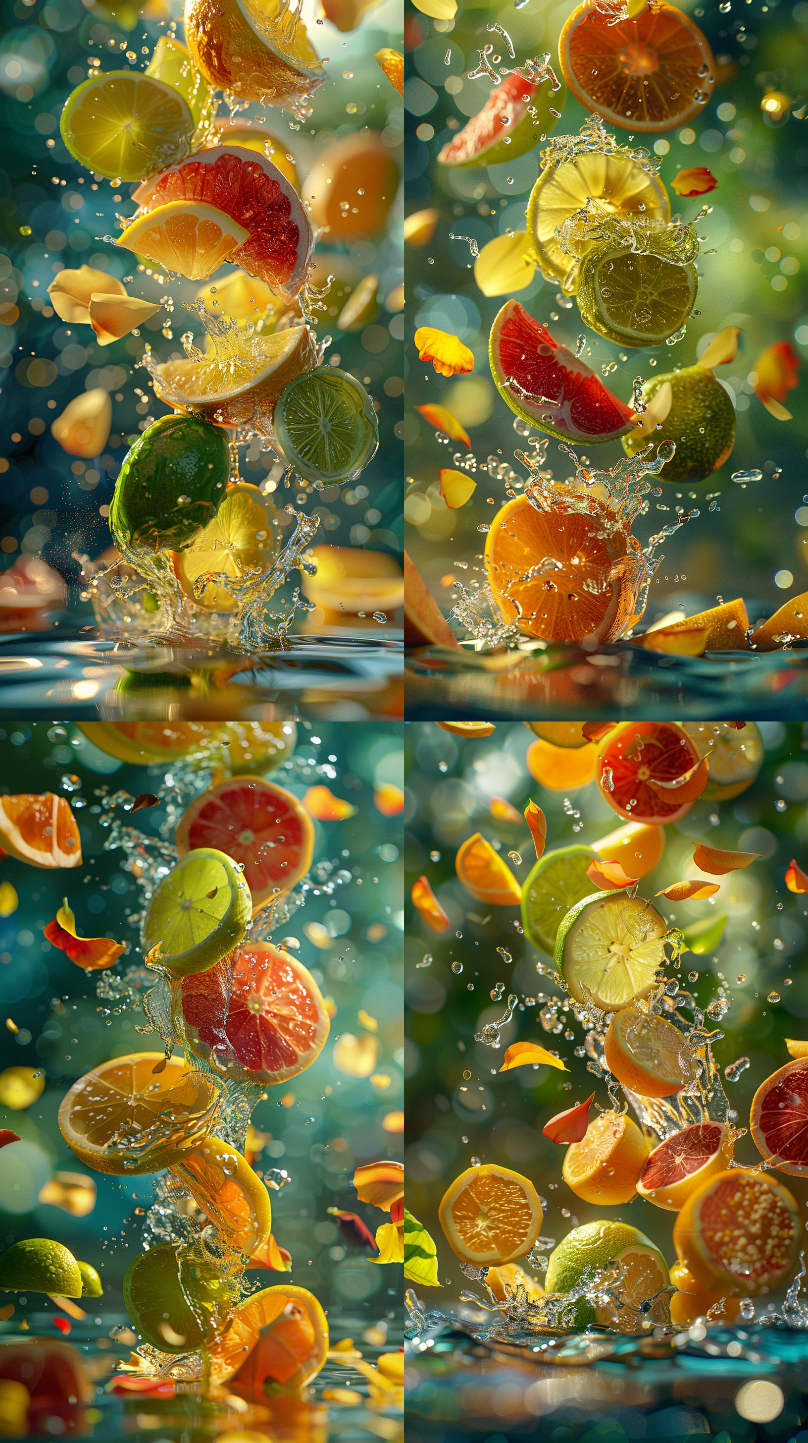 美食拍摄，超广角，各种水果，掉在水里，水花四溅，花瓣飘落，高端的合成，莱卡相机拍摄，超现实的风格，柔和的阴影，明亮的彩色背景，超精细的系列，聚焦主体，近景特写，高分辨率，3d渲染