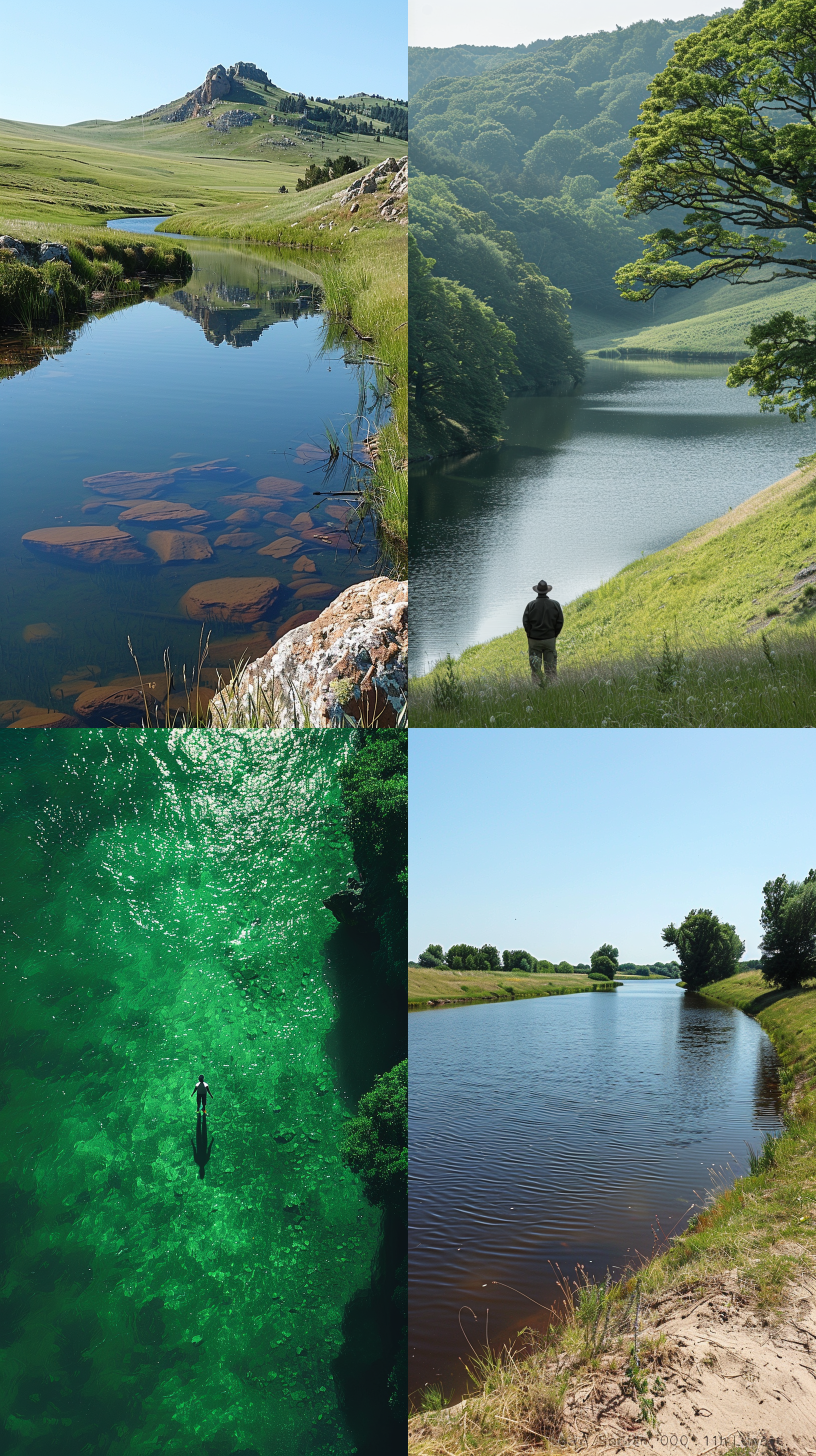 大片湖畔，中午，草地，广角摄影。湖面平静如镜，映照着湖岸辽阔的绿色草地。摄影师站在湖边，使用广角镜头捕捉到了整个湖景。阳光直射下来，使得草地呈现出明亮的色彩。这幅照片充满了宁静与和谐的氛围，让人感受到大自然的美妙。
