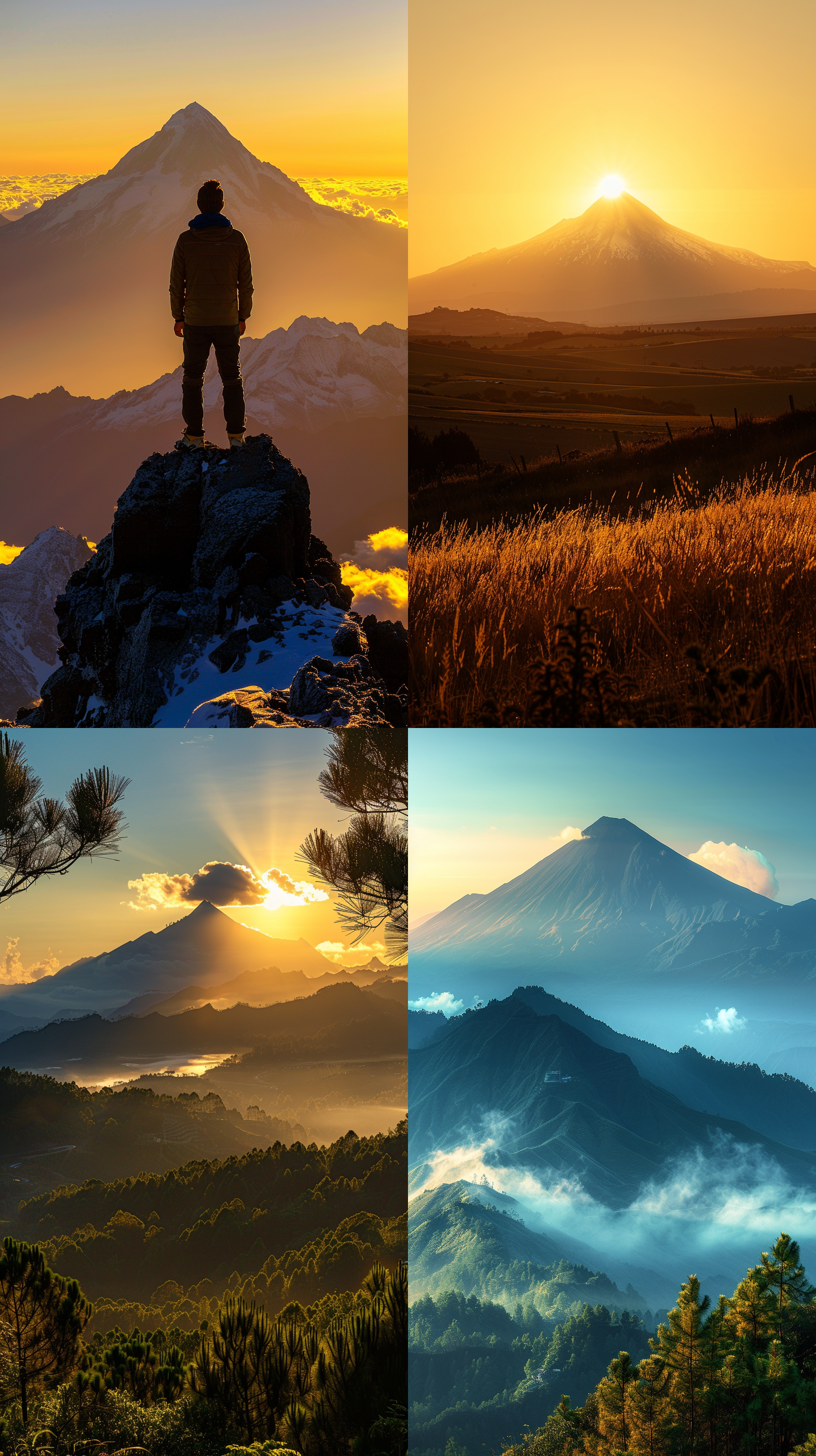 金山前背影，孤独，金色调，逆光，中焦镜头，远景，安静，思考，金色光芒。