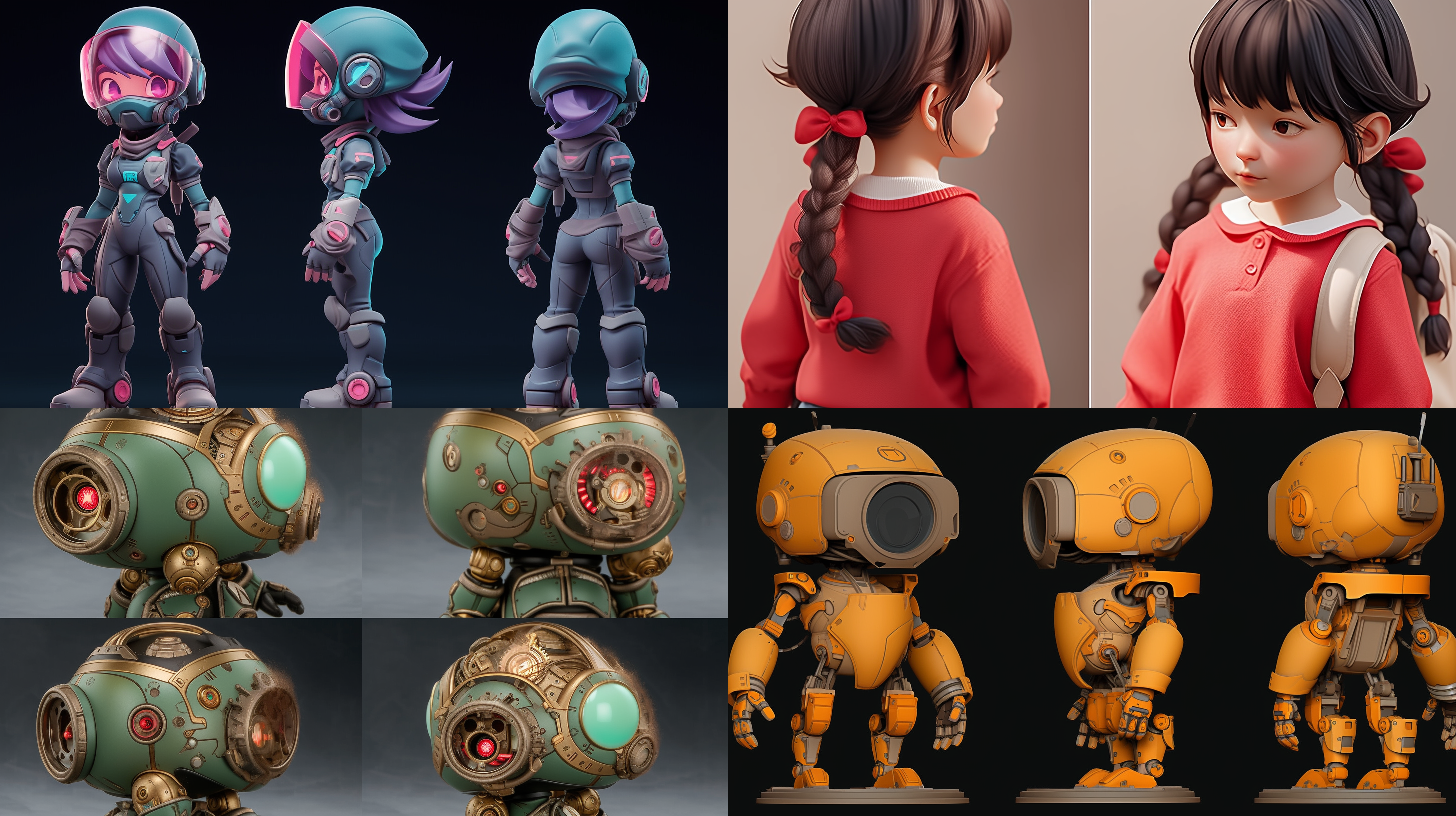 三视图，正面，侧面，背面，3d,c4d，盲盒，full body, enerate three views, namely the front view the side view abd the back view, super cute girl ip by pop mark,bauhaus, colorful, plastict ransparent, soft lighting, sophisticated mechanical parts, glowing body,collecting toys, mockup, blind box toy,fine luster,clean background, 3d render, oc render, best quality 4k, ultra detailed, crazy details,