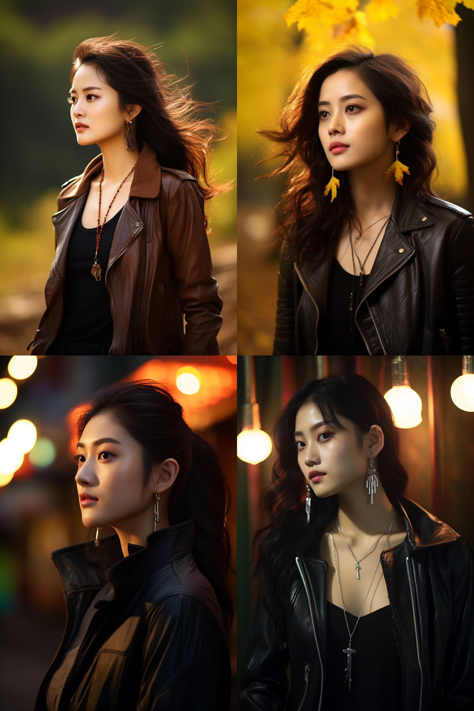 中国戴戴耳钉女孩，穿皮衣，明亮光线，摄影图 清新自然，户外风景，肖像模式，中焦镜头，自然姿态，色彩鲜艳，快门优先，放松自然