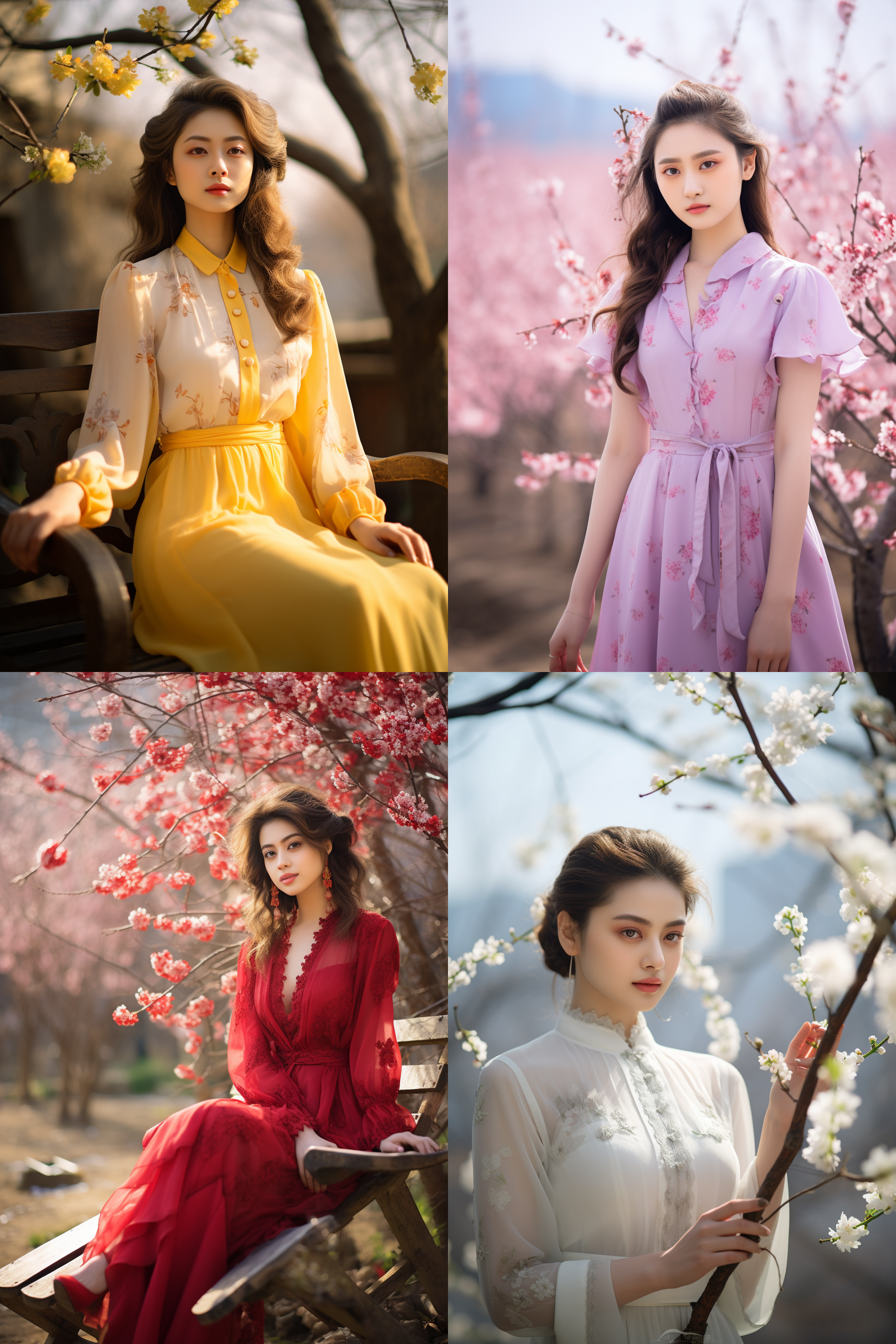 中国女孩，套裙服饰，春日摄影，明亮光线， 清新自然，户外风景，肖像模式，中焦镜头，自然姿态，