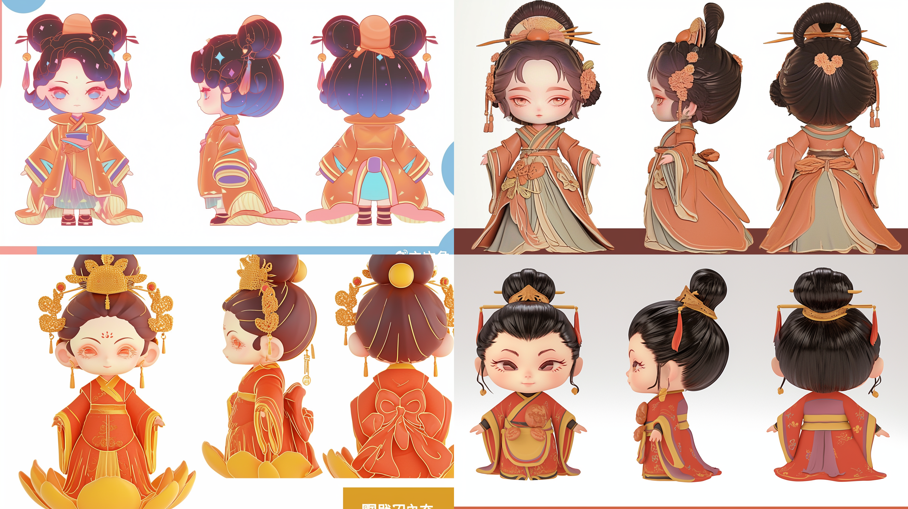 三视图，正视图，侧视图，背视图，q版，三头身，可爱，古风小女孩，花朵，糕点full body, enerate three views, namely the front view the side view abd the back view, super cute girl ip by pop mark, colorful, plastict ransparent, soft lighting, glowing body,mockup, blind box toy,fine luster,clean background, 3d render, oc render, best quality 4k, ultra detailed, crazy details