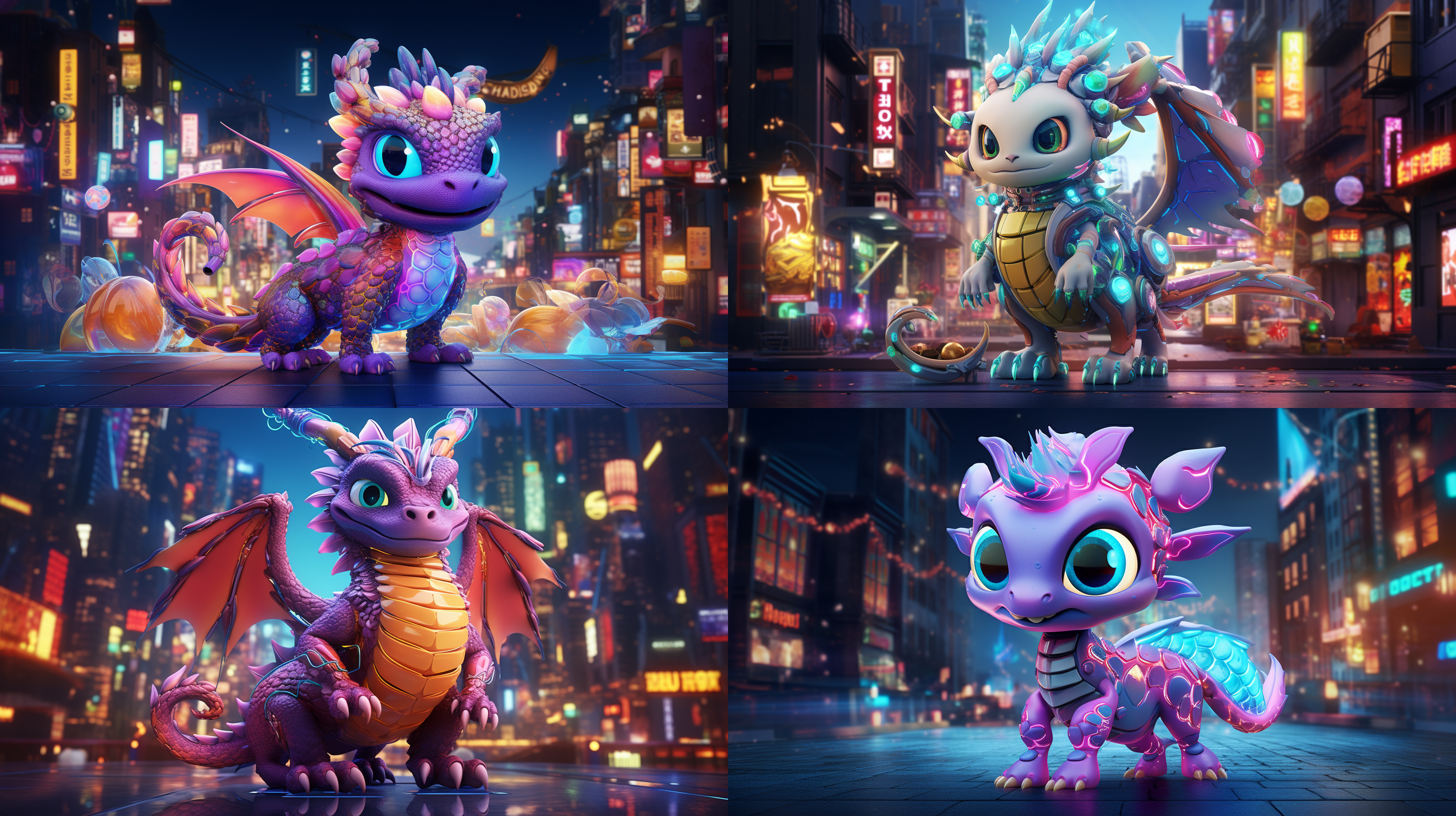 十二生肖龙，卡通形象，可爱萌系，科技炫酷，五彩缤纷，未来城市，霓虹灯光，超广角镜头，全投影，动姿势，机器人助手，活力四射。