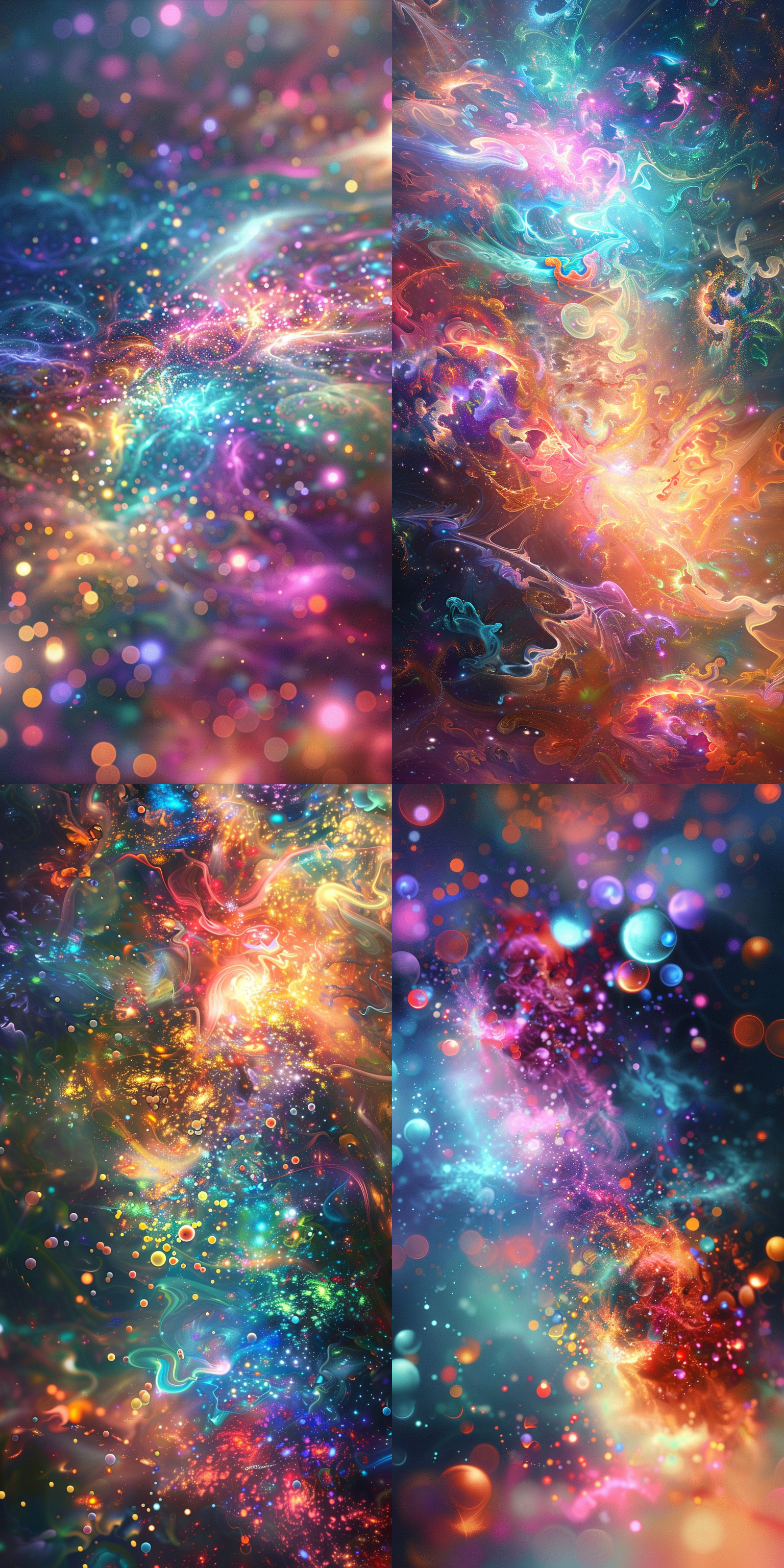 幻想宇宙，治愈系，炫彩光影，炫彩粒子，迷幻背景，宇宙元素，神秘光芒，柔和色调，抽象构图，梦幻情感。