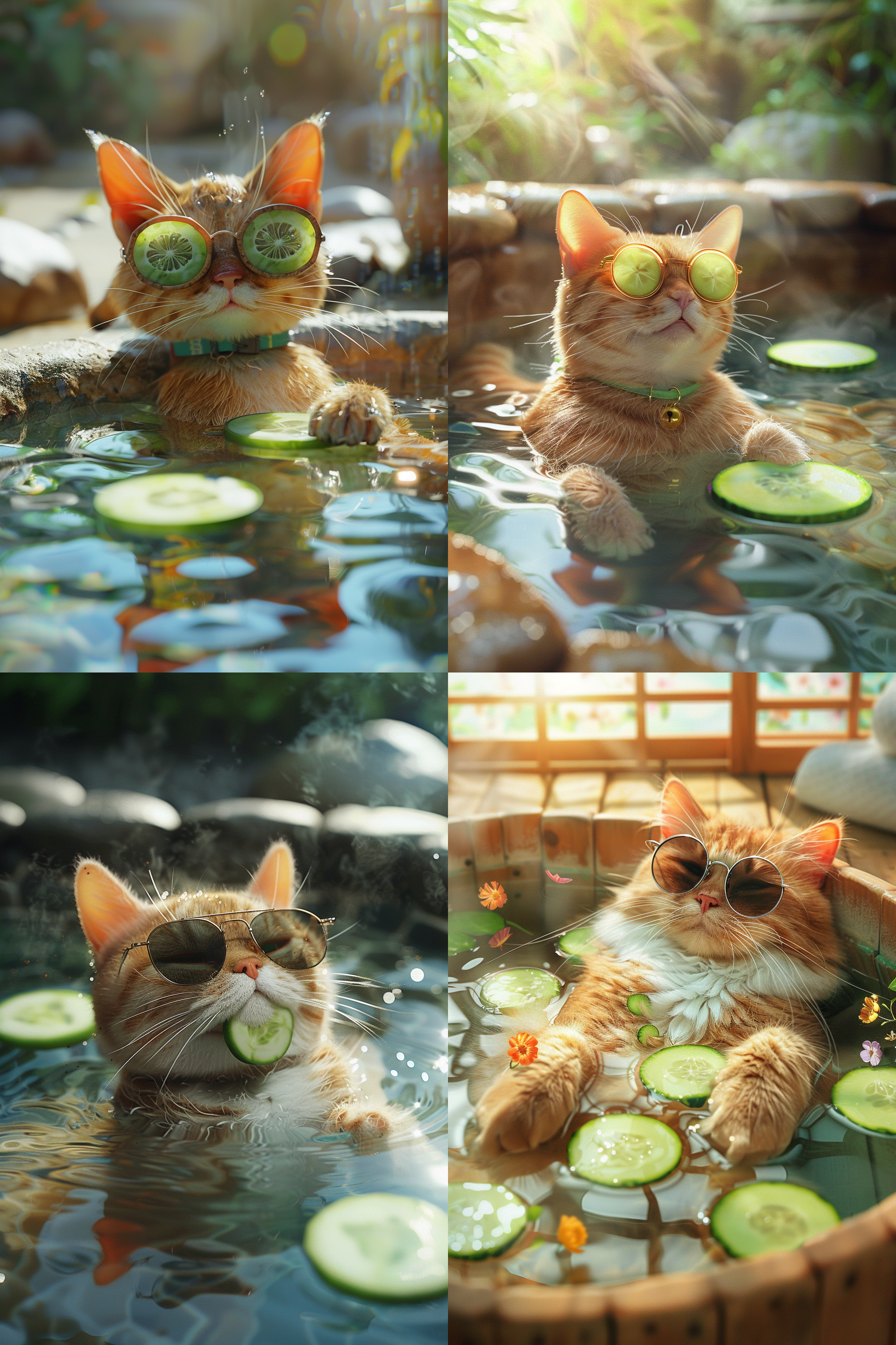 high quality, a cat wearing sunglasses and cucumber slices soaking in a hot spring, very comfortable, feeling like a vacation, 45-degree bird's-eye view, full of animation style, completely in line with the style of disney mickey characters