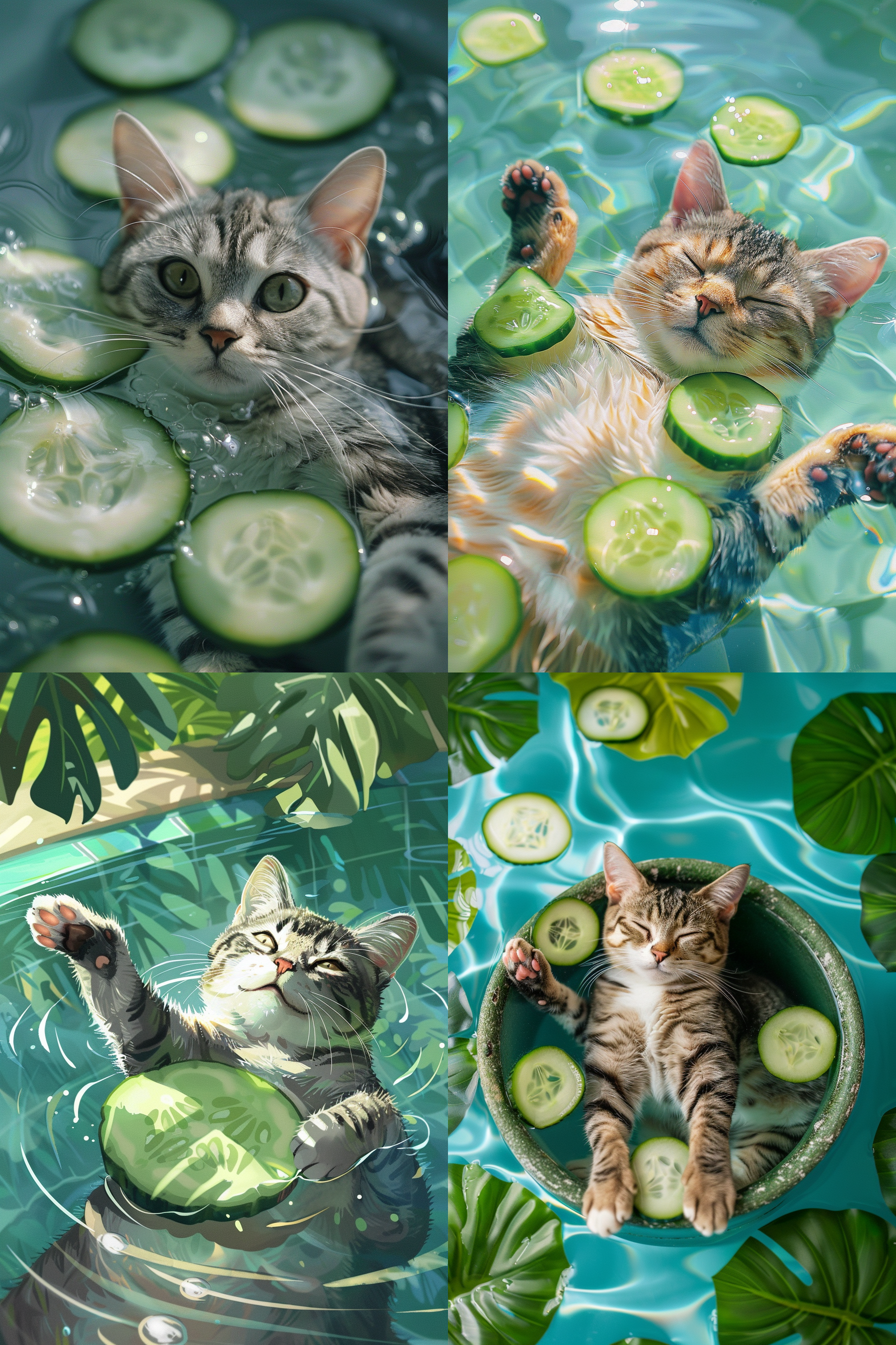 高品质，一只美国短毛猫泡在黄瓜片的温泉里，很舒服，度假风的沙滩色调，夏威夷色调，感觉就像在度假，45度俯视视角，充满动画风格，完全符合迪士尼米奇角色的风格