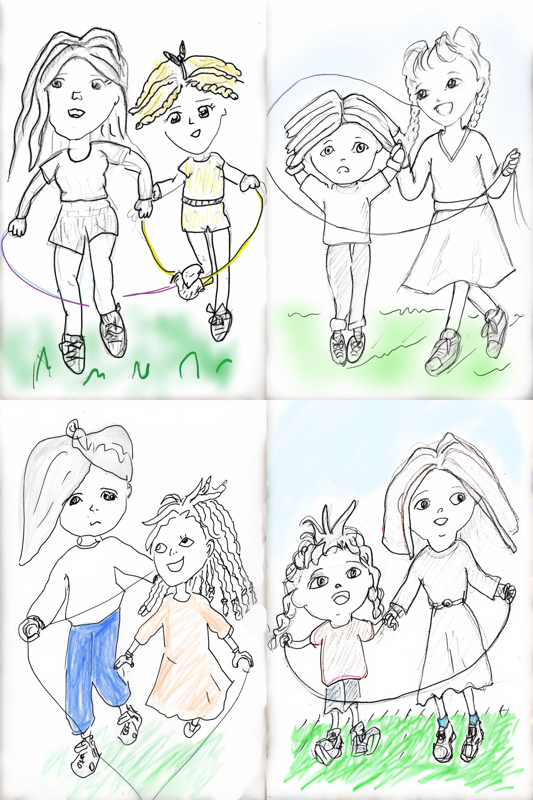 运动会跳绳比赛，妈妈和女儿一起跳绳，欢乐，阳光。 吉卜力 宫崎骏 动画艺术