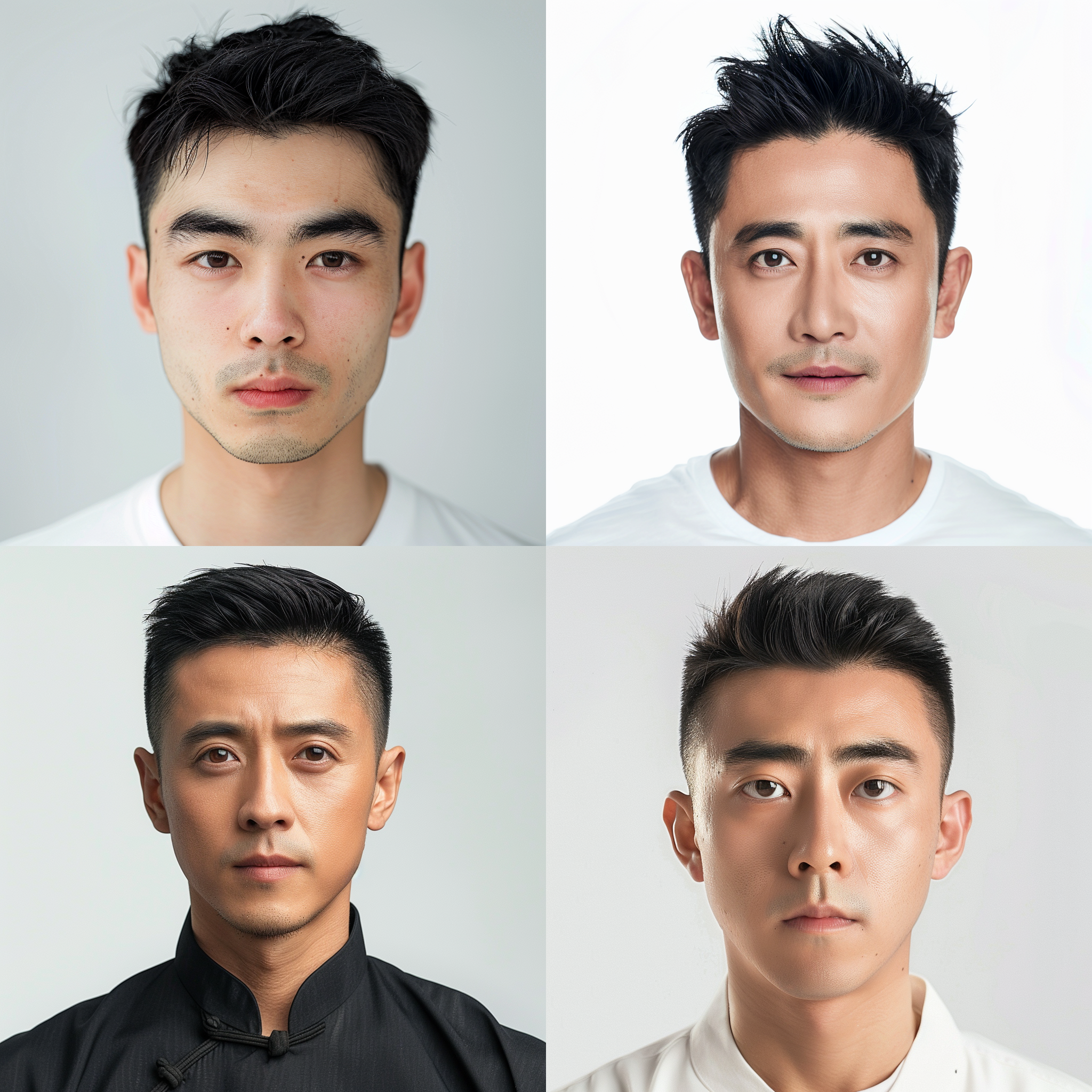 在纯白色背景里面，一名黑色短发的中国人33岁英俊的男性正面照，气质，干净