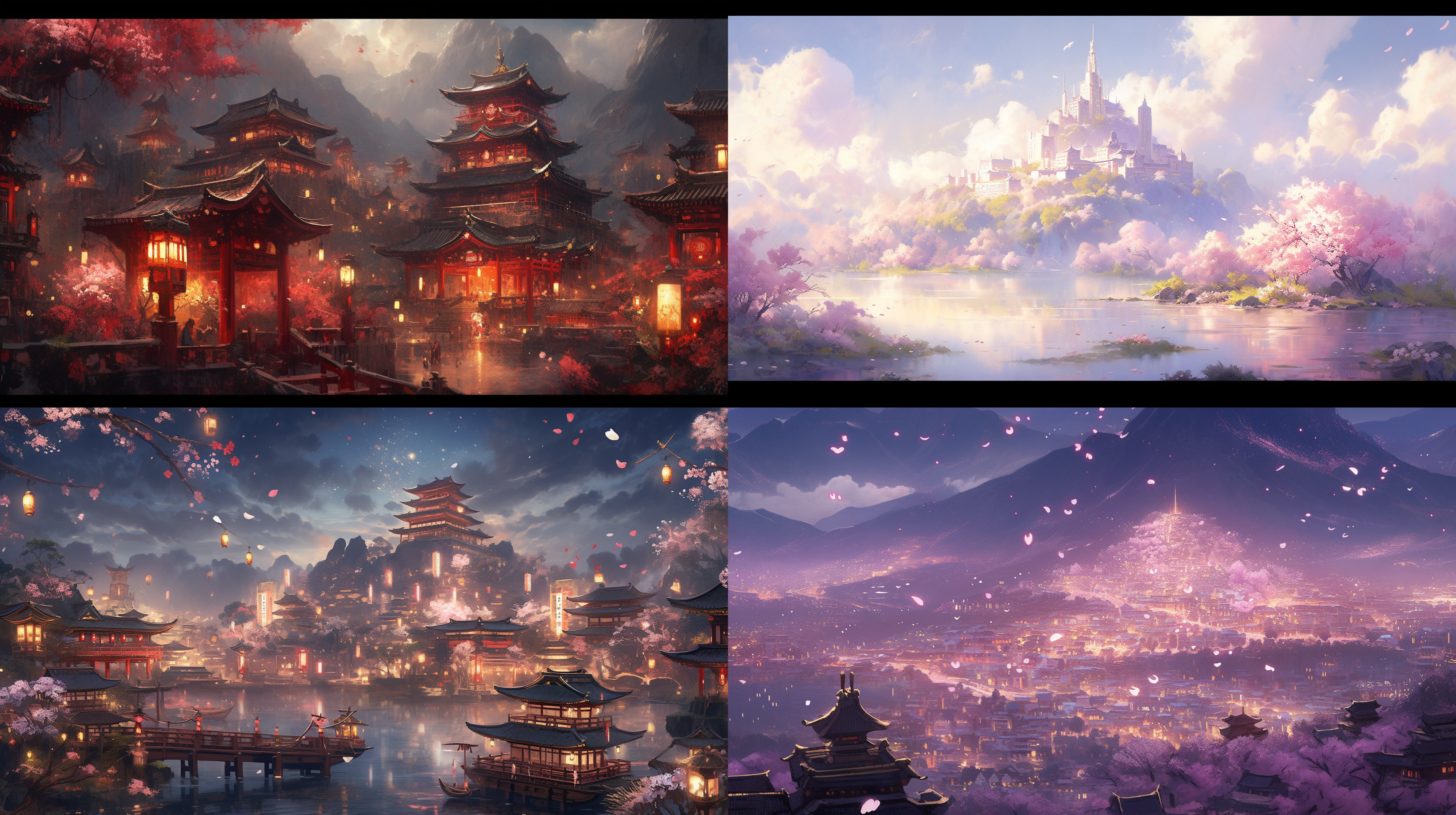 ancient chinese city, bright and majestic, bird's-eye view, intricate details, spectrum, dreamy, dazzling light effects, mirror reflection, falling flowers, lights, delicate texture, wide-angle lens, grand scenery, immortal mountains, fairy trees, and mist