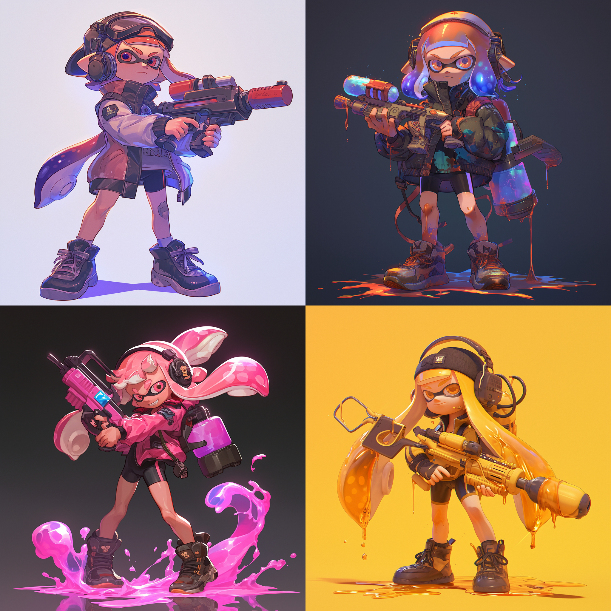 可爱小女孩持枪，透明液体，splatoon游戏风格，全身视图，前视图，侧视图，后视图，游戏美术风格，超细节，16:9纵横比，npr风格，明暗对比强烈，最佳照明，表现力强。