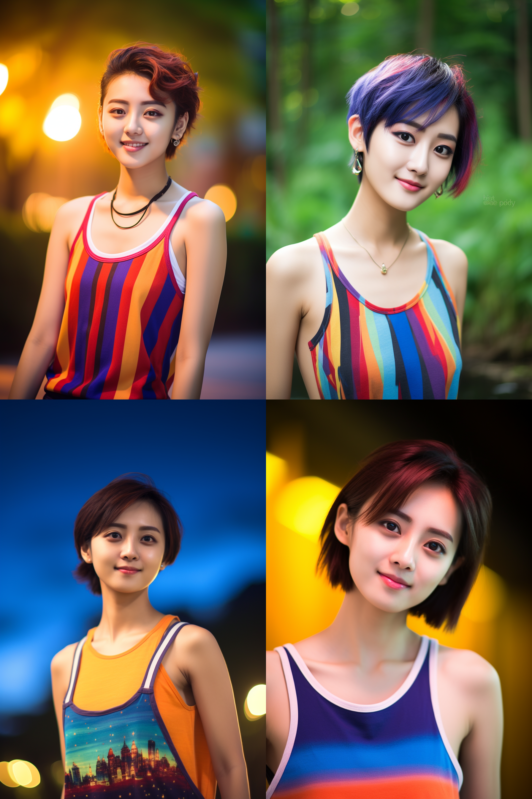 中国短发女孩，穿背心，明亮光线，摄影图 清新自然，户外风景，肖像模式，中焦镜头，微笑，自然姿态，色彩鲜艳，快门优先，放松自然
