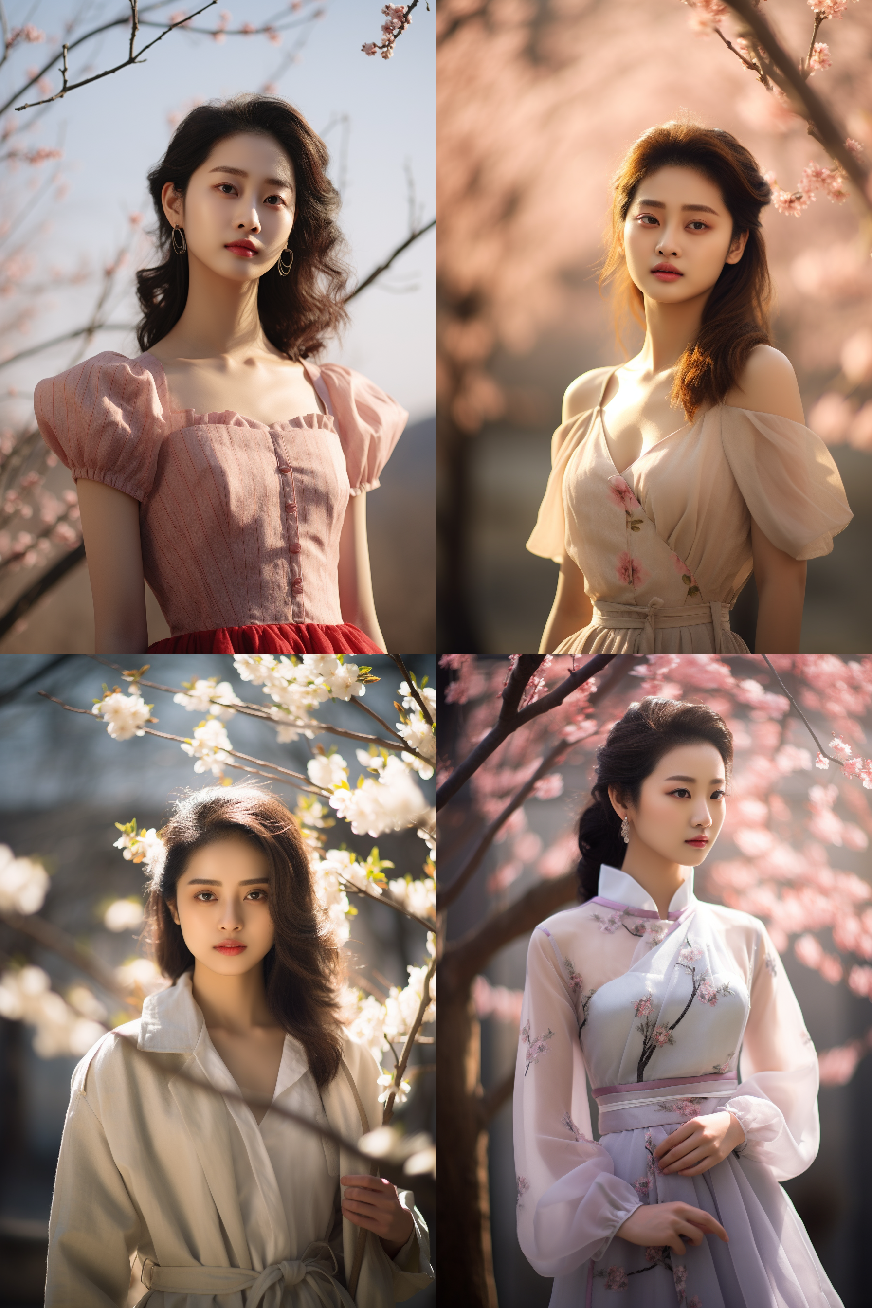 中国女孩，套裙服饰，春日摄影，明亮光线， 清新自然，户外风景，肖像模式，中焦镜头，自然姿态，