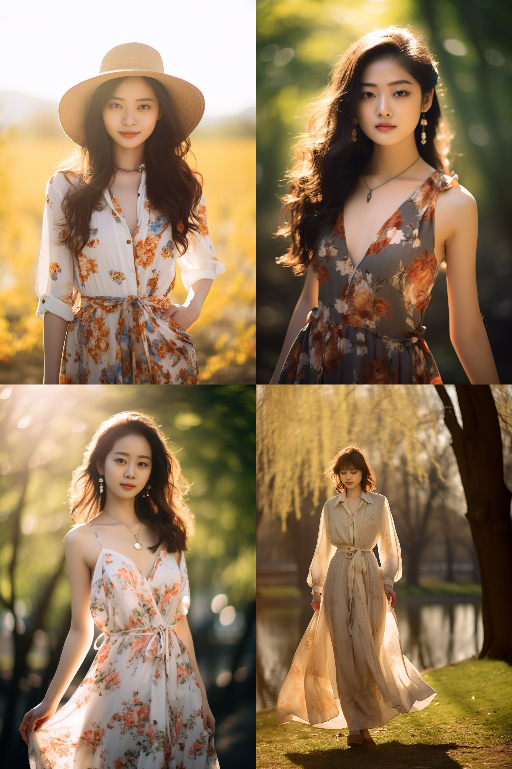 中国女孩，套裙服饰，春日摄影，明亮光线， 清新自然，户外风景，肖像模式，中焦镜头，自然姿态，