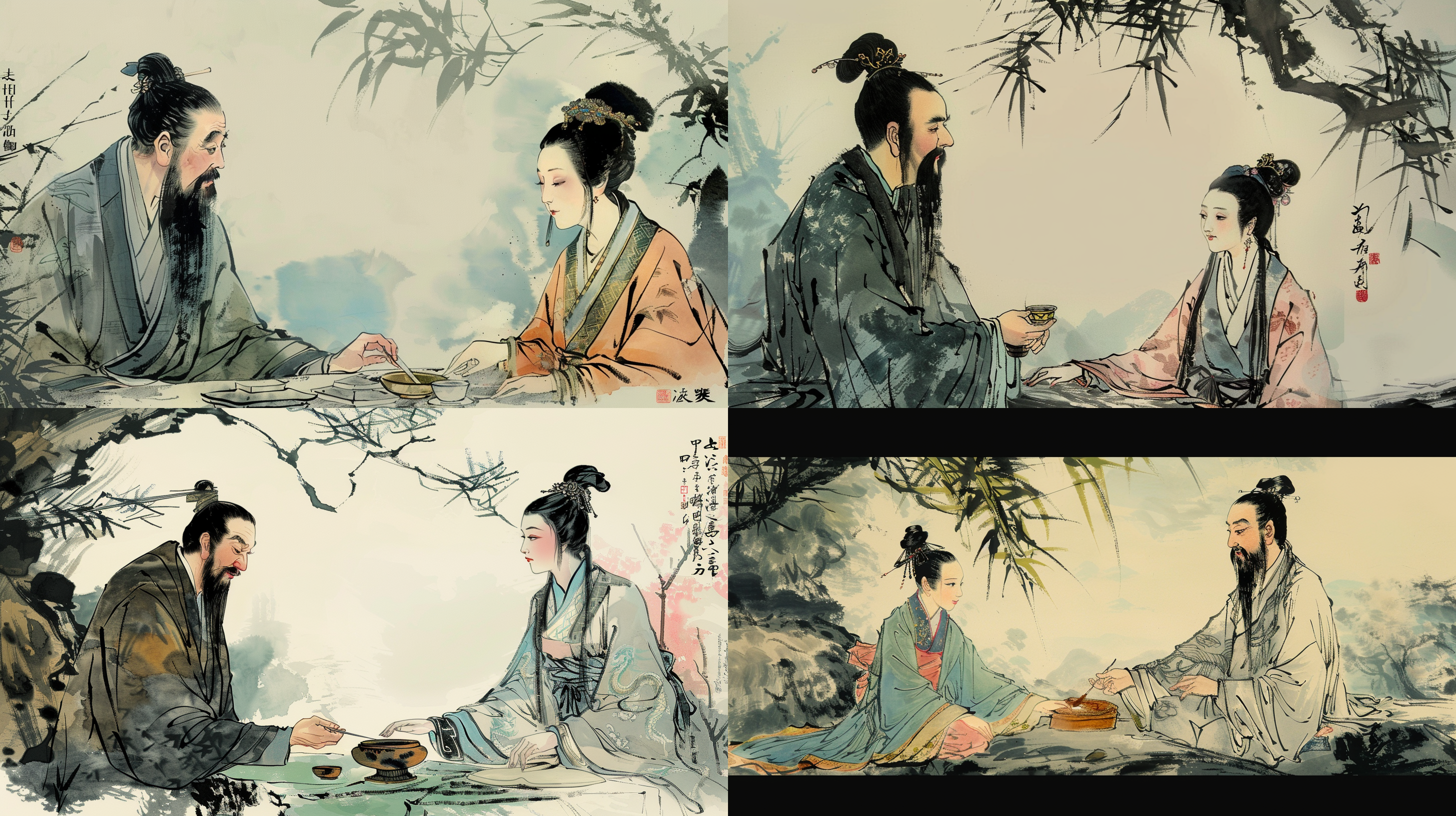 中医为女患者把脉治疗，神情专注，古代服饰，，干净背景，国潮风插画，漫画