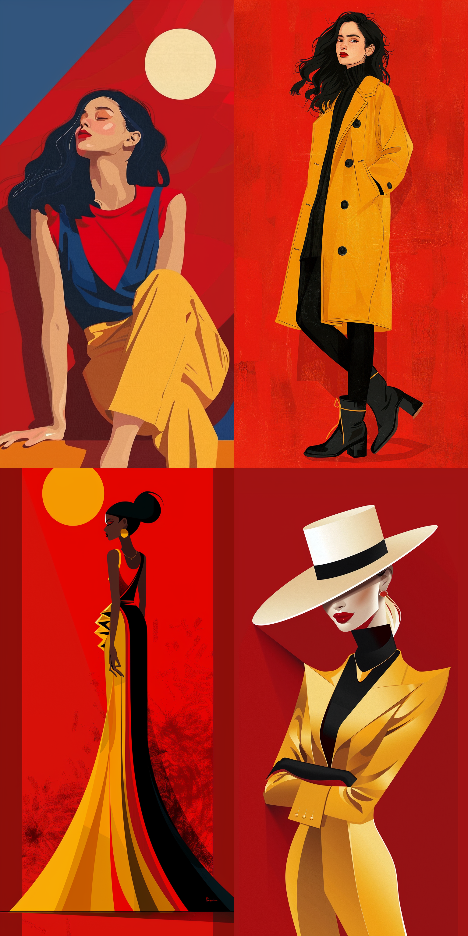 a flat illustration of a fashion girl , exaggerated pose , sapphire red vs gold cloth and hair , minimalist art , pure klein red background , in the style of suprematism