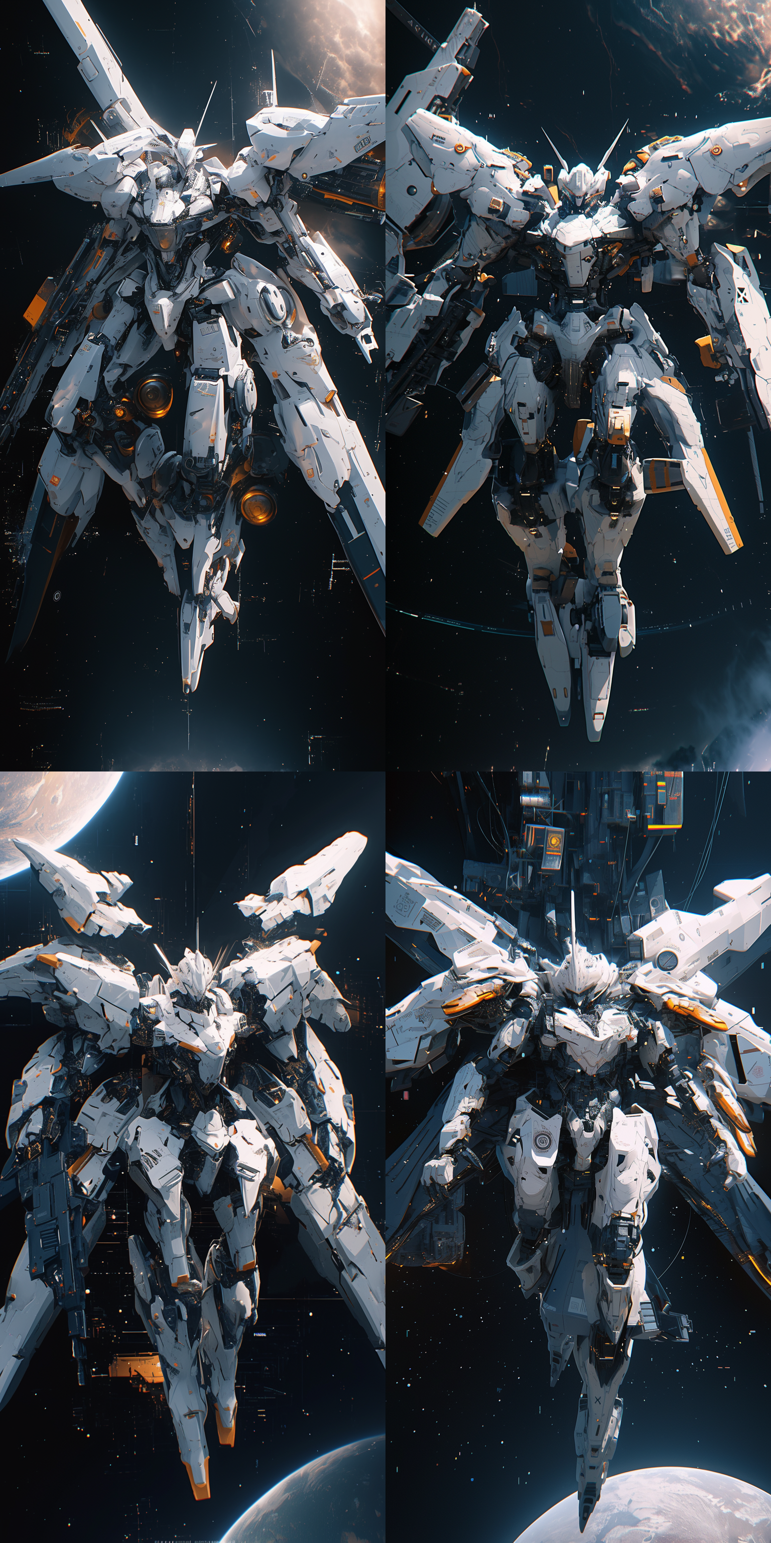 24k超清，创世纪机甲，腾空姿态，备战动作，银河星空背景，稀有金属光泽，虚幻引擎，全身镜头，机甲细节处理完美，高清画质， 创风格 赛博朋克 未来主义 宇宙 星云 星空夜景 月球空间 全身 侧身 长焦拍摄 七分身 粉彩色 象牙白 金属漆 铂金 金属质感 高调照明 氛围感照明 明亮的 光粒子