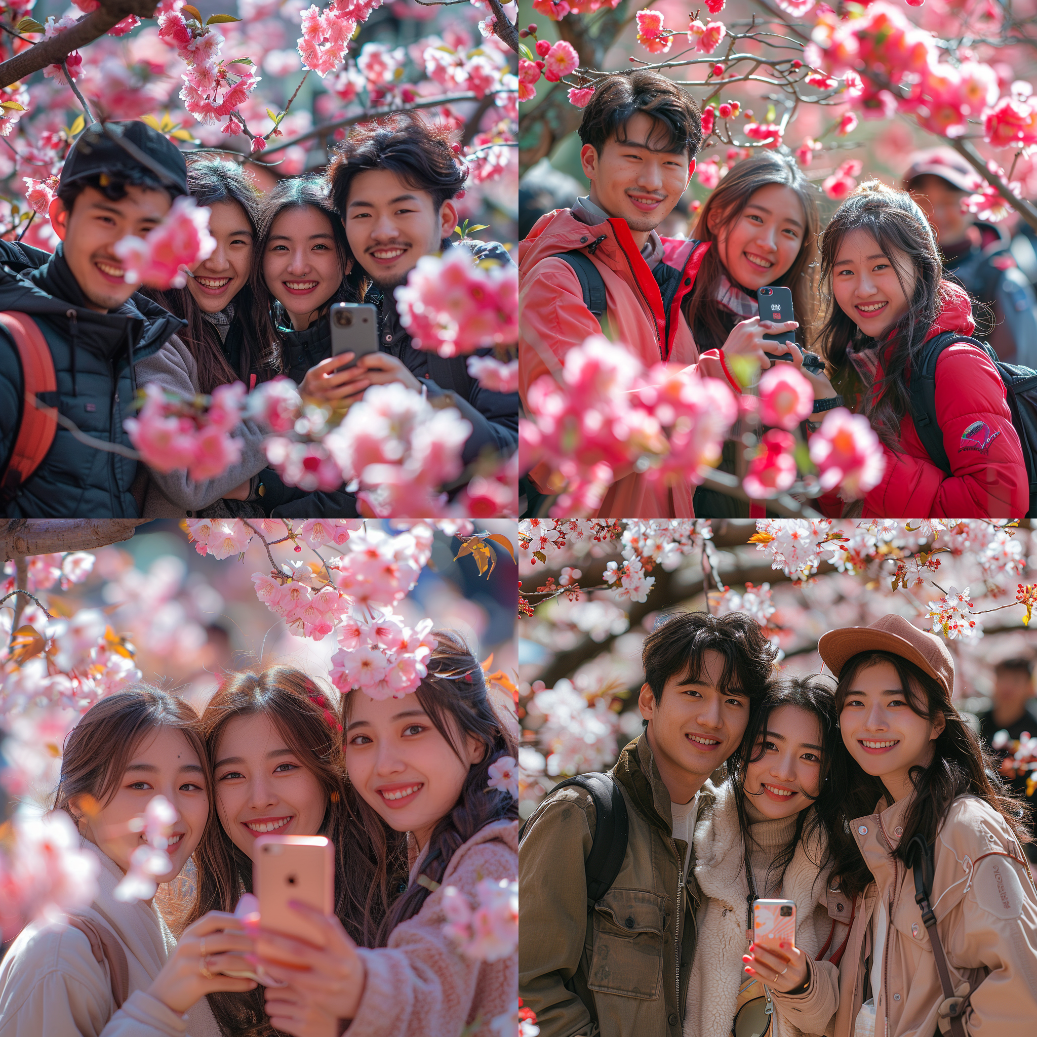 中国学生自拍，大学校园，春天，鲜花盛开，三人组合，手机镜头，近景，对焦，明亮色调，欢笑，友谊，轻松。
