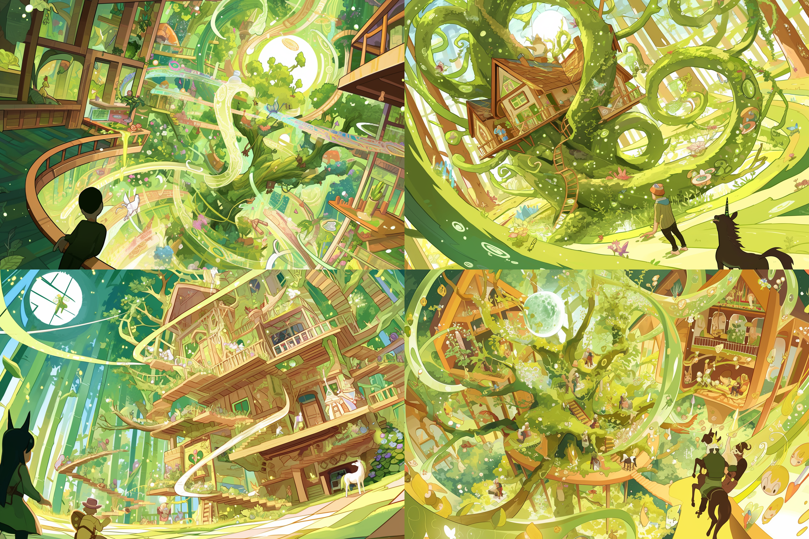 夜晚的魔幻发光森林，一座神秘的树屋被绿色的荧光环绕着。这是一座萤火虫的家园，人类到萤火虫家园里探秘，树屋上方悬挂着一轮明亮的月亮，照亮了整个森林。神秘、奇幻、光影交错、独角兽、荧光、树屋、月亮、森林、花海、夜晚。 奇幻森林 森林 魔法花园 丁达尔效应 低角度 霓虹 奇幻森林 森林 魔法花园 丁达尔效应 低角度 霓虹